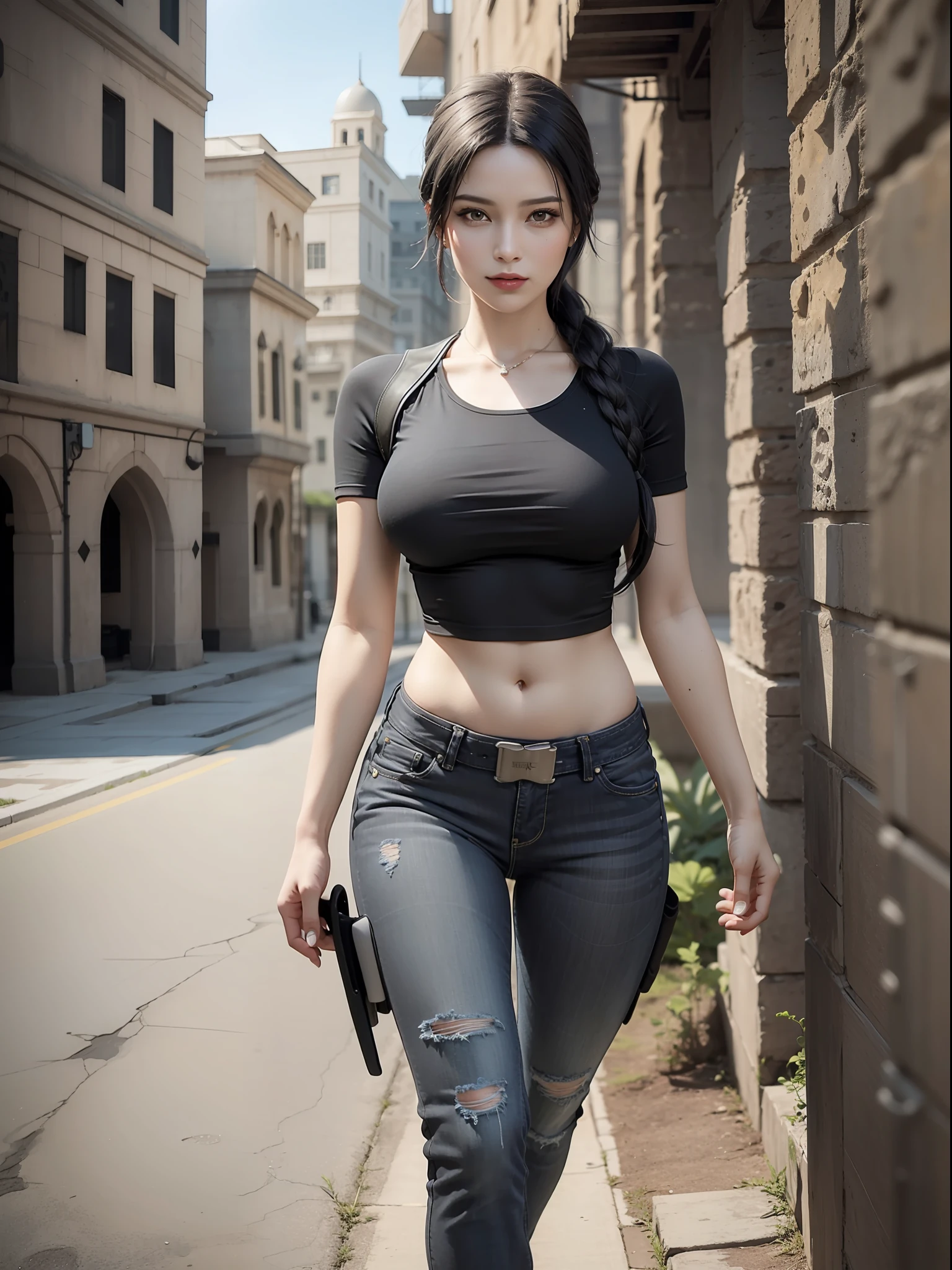 (random result), (RAW style, masterpiece, best quality, hyperrealistic, highres, unreal engine,) Arabian girl as lara croft, medium breast black basic tee-shirt, waist length tee-shirt, tight jeans, jogger's, black hair's, Arabian beauty