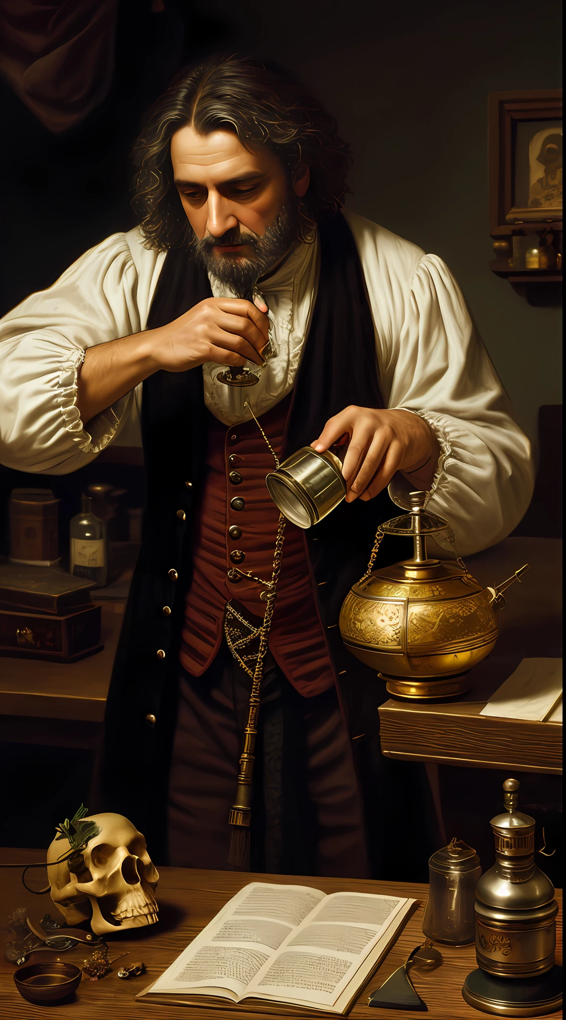 {A 17th-century doctor meticulously preparing a concoction, with a weathered human skull and herb-mortar resting on his oak wood desk. His attire detailed with the distinct symbols of his profession, all elements bathed in a soft yet direct light creating an atmosphere of focused dedication}, Influenced by Realism, Art Inspirations from Greg Rutkowski's brushstrokes, Camera focused on doctor with Medium Telephoto Lens from a High Angle, Medium Shot, Rendered with Intricate Details (intricate details:1.2), Nostalgic Lighting (nostalgic lighting:1.3).