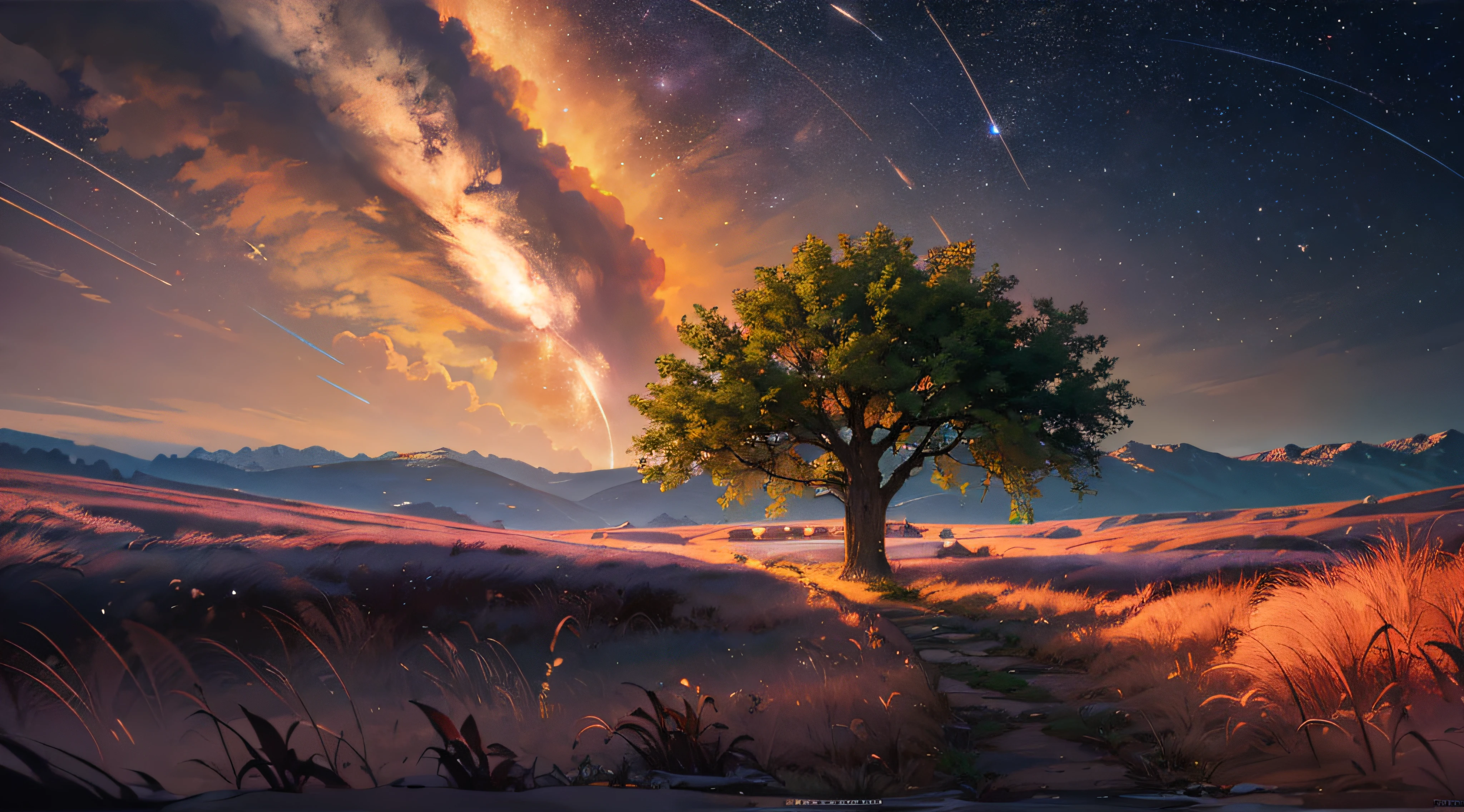 Expansive landscape photograph,(look from down,Above is the sky,Below are open fields),(moon full:1.2),(meteors:0.9),(Starcloud:1.3),Far Mountain, Tree BREAK making art,(Warm light source:1.2),(glowworm:1.2),lamp lights,Lots of purple and orange,Complicated details,Volumetriclighting,Realism BREAK(tmasterpiece:1.2),(best qualtiy),4K,Ultra-detailed,(dynamic compositions:1.4),The is very detailed,Colorful details,(Irridescent color:1.2),(luminouslighting,Atmospheric lighting),dream magical,magical,(独奏:1.2),((best qualtiy)), ((tmasterpiece)), (the detail:1.4),depth of fields,maximum definition and sharpness,perfectly proportions,