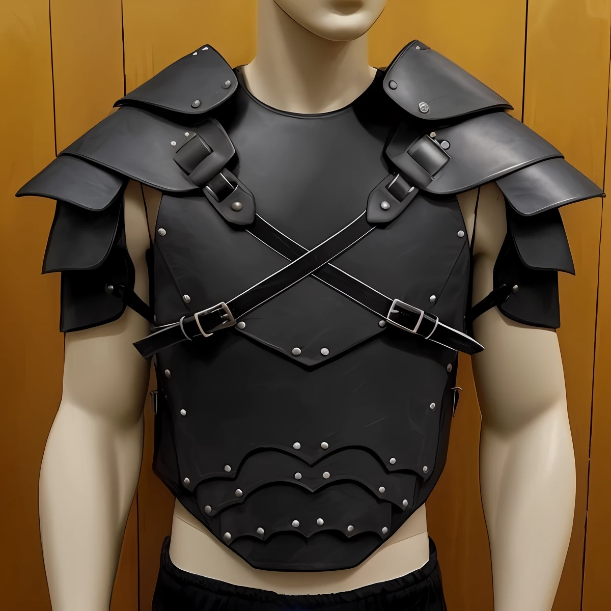 Close-up of mannequin in leather armor, Black leather armor, Black leather armor, Stylish leather armor, leather clothes under the armor, Leather armor, magic leather armor, Leather armor, Lightweight leather armor, Dark leather armor, Leather armor, wearing leather armored vest, tied leather armor, Medieval leather armor, leather shoulder armor, Intricate leather armor, mixed leather armor,Remove the background