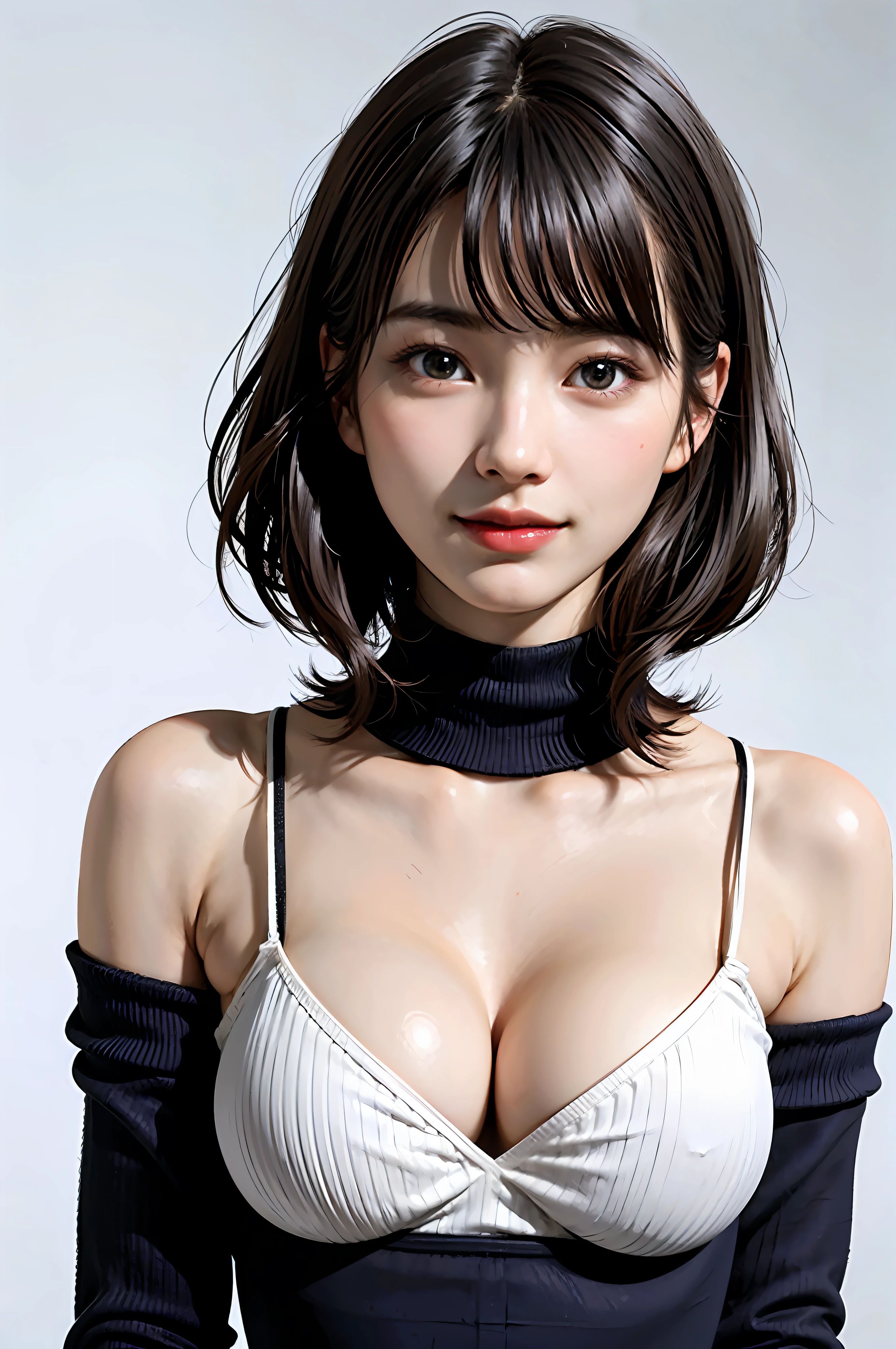 Cute young ta、breasts indentation、cleavage of the breast、Super thick with a small waist、the areola is protruding、areola hollows、Realistic areola、large full breasts、Turtleneck sweater、doress、Short hair with 46 bangs、Azure Lane Metamorphosis、真实感、Hyper-Realism、perfect hand、Perfect fingers、perfect chest、perfect hair、perfect eyes、Cute young Lolireasts indentation、cleavage of the breast、Super thick with a small waist、the areola is protruding、areola hollows、Realistic areola、large full breasts、Turtleneck sweater、doress、short hair with bangs、Azure Lane Metamorphosis、真实感、Hyper-Realism、perfect hand、Perfect fingers、perfect chest、perfect hair、face perfect、perfect bodies、(Really pure white blank background)、(Look firmly at the camera、Hair fluttering in the wind just a little bit)Face、perfect bodies、(Really pure white blank background、190cm Supermodel、Really close your mouth a little and smile happily、White clean skin)、Highlights in the eyes、Light brown eyes、long neck、