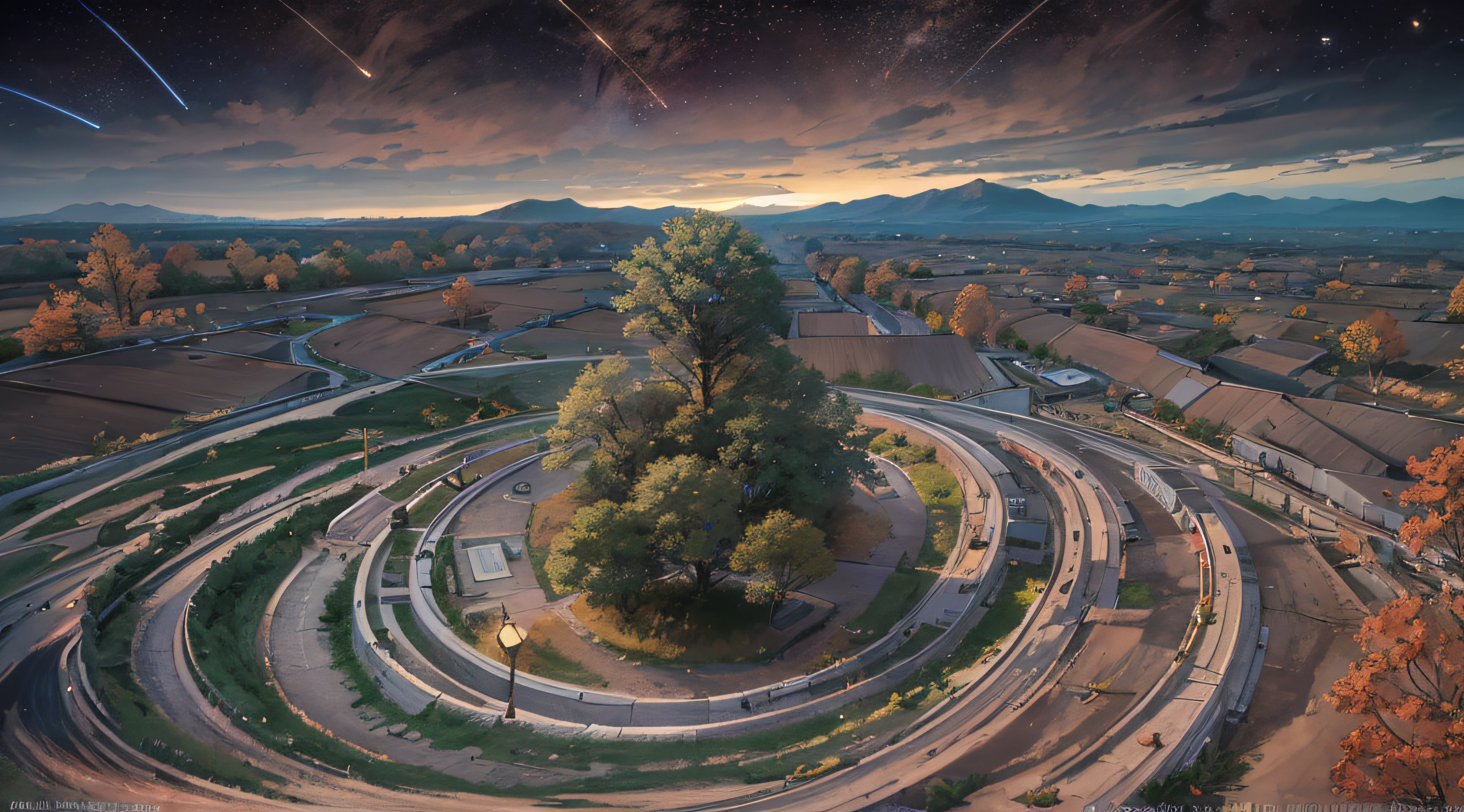 Expansive landscape photograph,(look from down,Above is the sky,Below are open fields),(moon full:1.2),(meteors:0.9),(Starcloud:1.3),Far Mountain, Tree BREAK making art,(Warm light source:1.2),(glowworm:1.2),lamp lights,Lots of purple and orange,Complicated details,Volumetriclighting,Realism BREAK(tmasterpiece:1.2),(best qualtiy),4K,Ultra-detailed,(dynamic compositions:1.4),The is very detailed,Colorful details,(Irridescent color:1.2),(luminouslighting,Atmospheric lighting),dream magical,magical,(独奏:1.2),((best qualtiy)), ((tmasterpiece)), (the detail:1.4),depth of fields,maximum definition and sharpness,perfectly proportions,