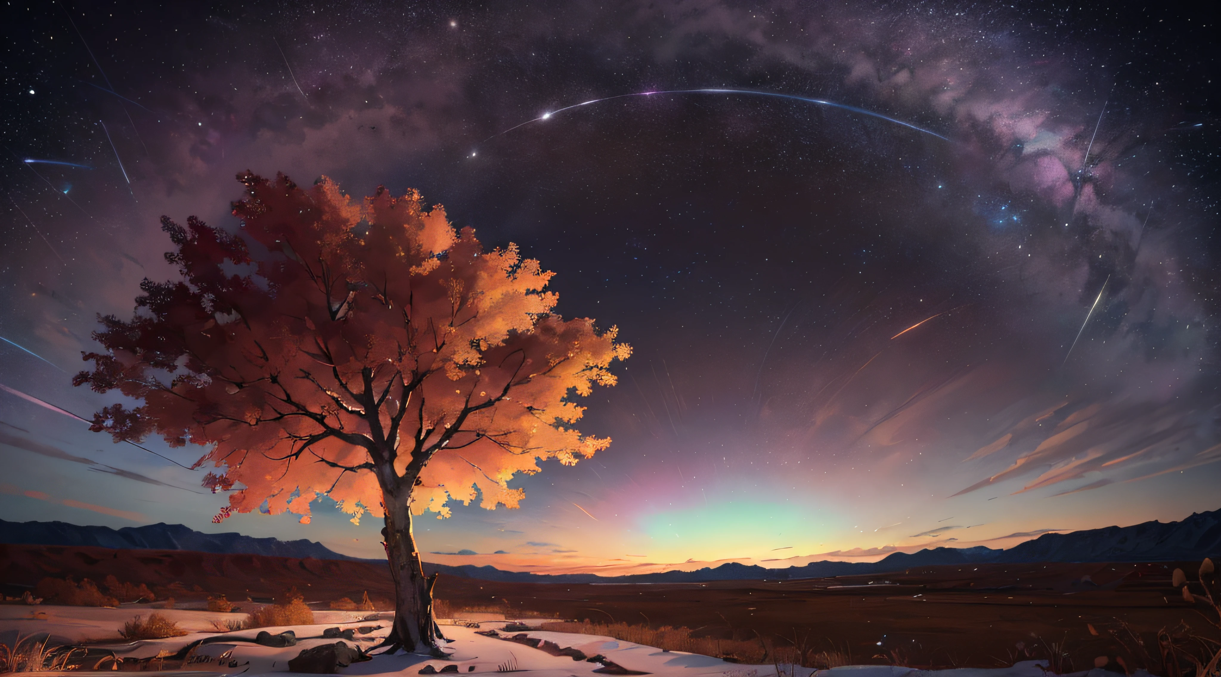 Expansive landscape photograph,(look from down,Above is the sky,Below are open fields),(moon full:1.2),(meteors:0.9),(Starcloud:1.3),Far Mountain, Tree BREAK making art,(Warm light source:1.2),(glowworm:1.2),lamp lights,Lots of purple and orange,Complicated details,Volumetriclighting,Realism BREAK(tmasterpiece:1.2),(best qualtiy),4K,Ultra-detailed,(dynamic compositions:1.4),The is very detailed,Colorful details,(Irridescent color:1.2),(luminouslighting,Atmospheric lighting),dream magical,magical,(独奏:1.2),((best qualtiy)), ((tmasterpiece)), (the detail:1.4),depth of fields,maximum definition and sharpness,perfectly proportions,