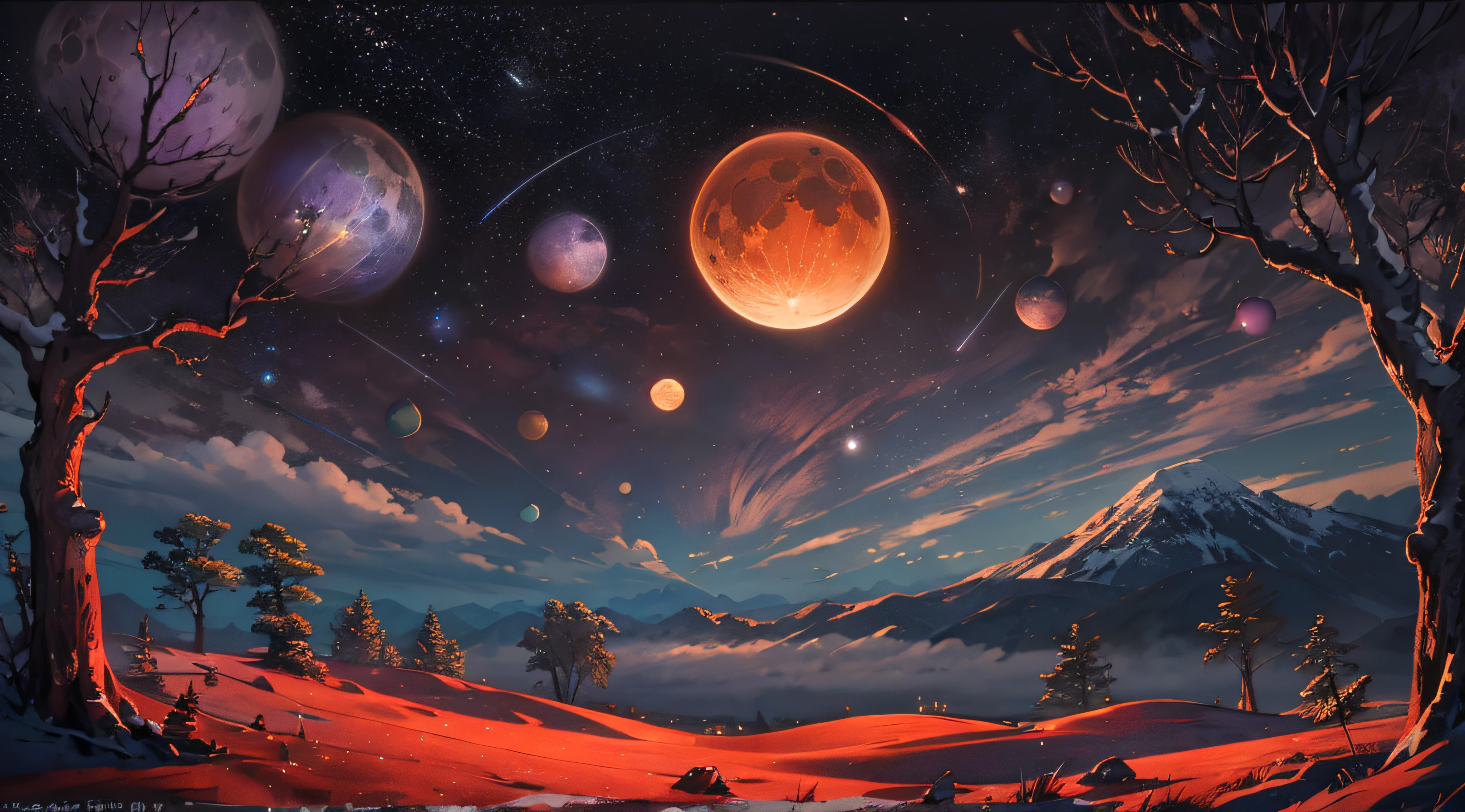 Expansive landscape photograph,(look from down,Above is the sky,Below are open fields),(moon full:1.2),(meteors:0.9),(Starcloud:1.3),Far Mountain, Tree BREAK making art,(Warm light source:1.2),(glowworm:1.2),lamp lights,Lots of purple and orange,Complicated details,Volumetriclighting,Realism BREAK(tmasterpiece:1.2),(best qualtiy),4K,Ultra-detailed,(dynamic compositions:1.4),The is very detailed,Colorful details,(Irridescent color:1.2),(luminouslighting,Atmospheric lighting),dream magical,magical,(独奏:1.2),((best qualtiy)), ((tmasterpiece)), (the detail:1.4),depth of fields,maximum definition and sharpness,perfectly proportions,