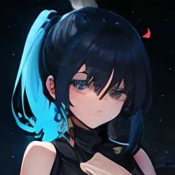 Black hair and blue hair , blue eyes and black eyes, high ponytail,{{best quality}}, {{masterpiece}}, {{ultra-detailed}}, {illustration}, {detailed light}, {an extremely delicate and beautiful}, a girl, {beautiful detailed eyes}, stars in the eyes, messy floating hair, colored inner hair, Starry sky adorns hair, depth of field,onessan