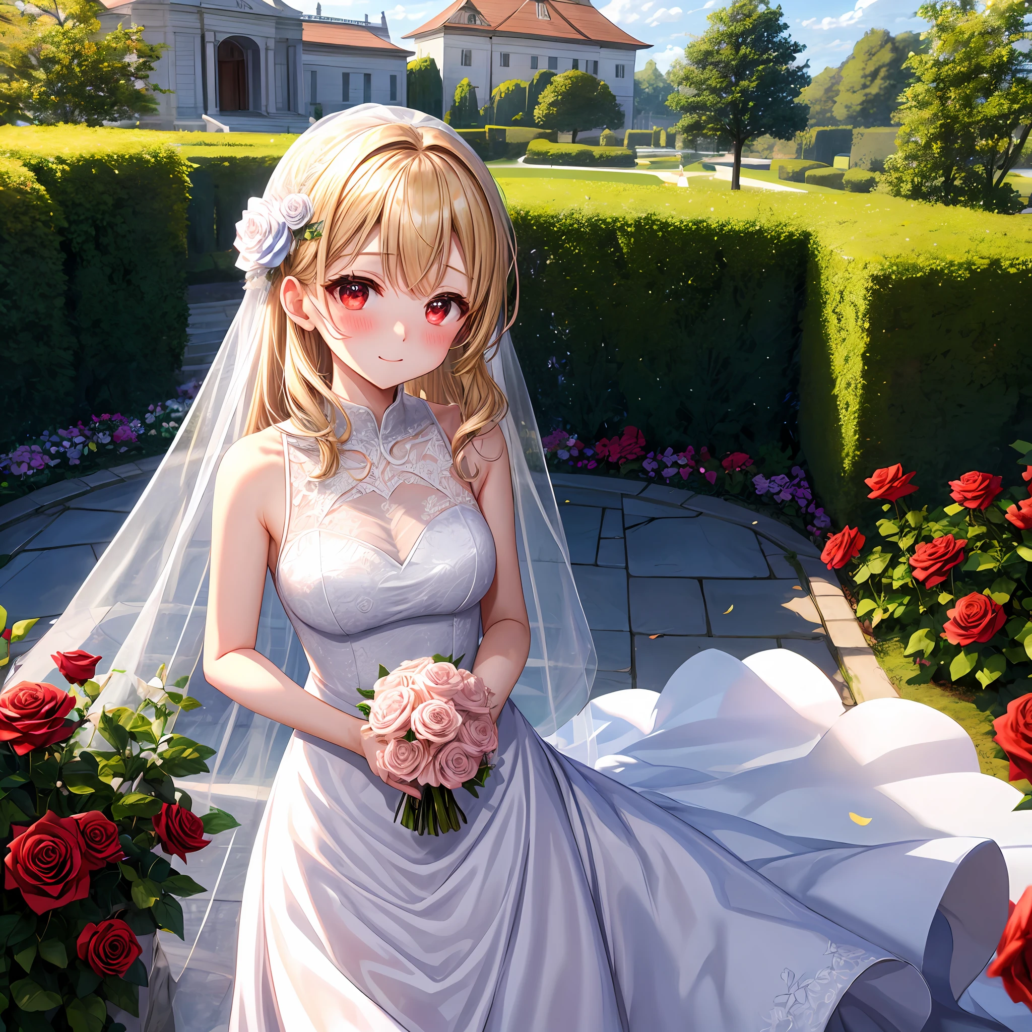 red blush、a blond、red eyes、Beautiful girl alone、animesque、独奏、weddingdress、rose garden、lonely