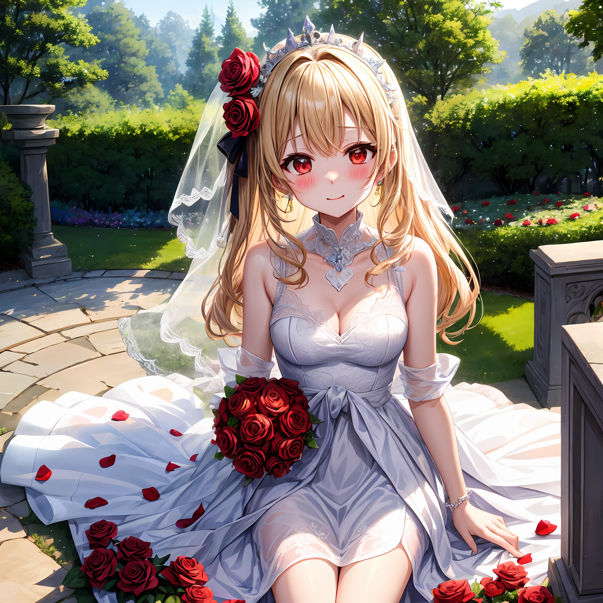 red blush、a blond、red eyes、Beautiful girl alone、animesque、独奏、weddingdress、rose garden、lonely