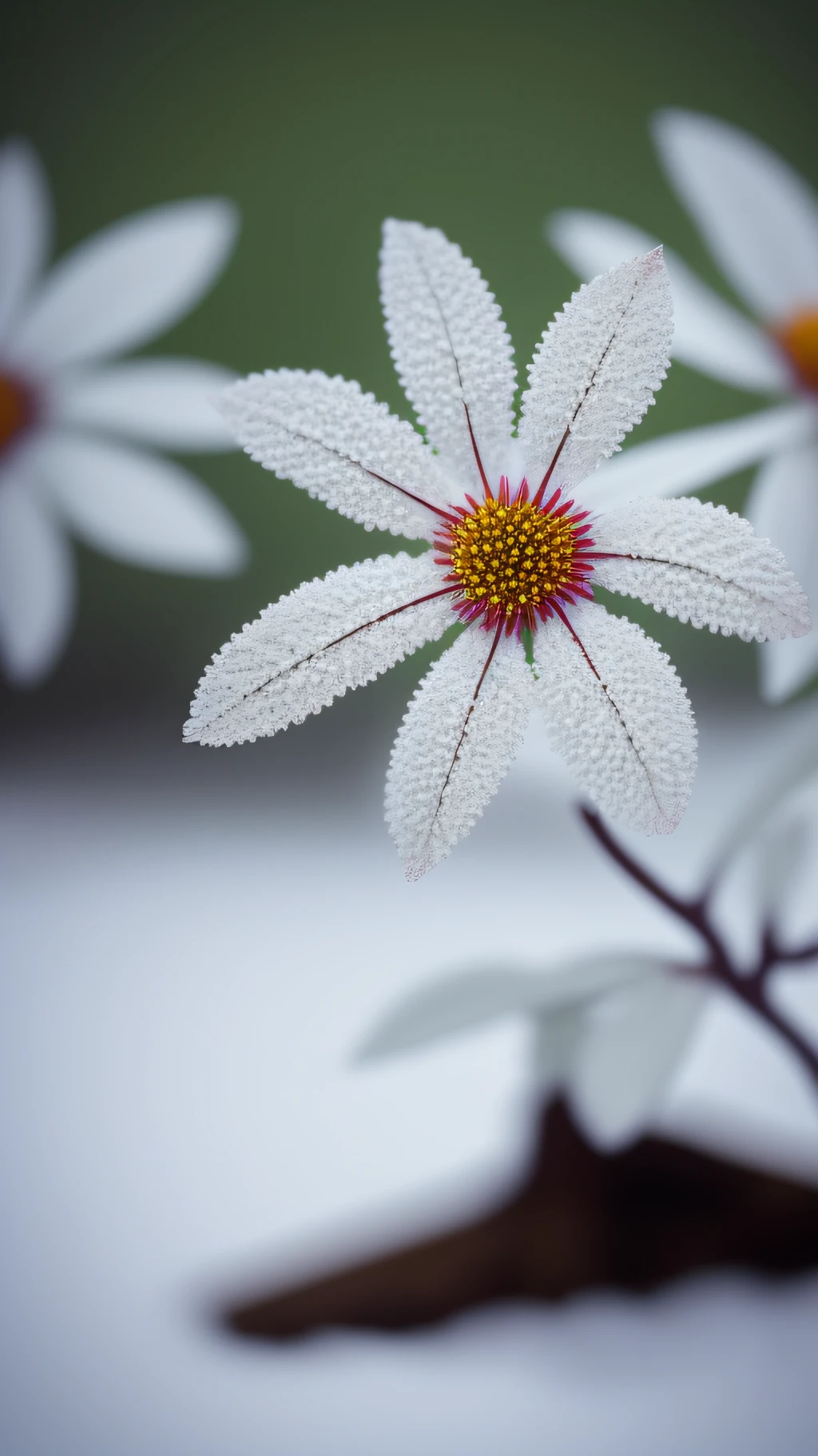 Plants, Snowflakes (Food Bar), Still Life, Winter, Peach Blossoms, Rock Garden, Bonsai Fog, Haze, Fine Details, Ultra Fine Details, Intricate Details, Film Style, Surrealist Soft Light, Studio Lighting, Diffuse Soft Light, Shallow Depth of Field, Sharp Focal Cluster, Ray Tracing, Subsurface Scattering, Ultra-detailed (Complex, Detailed, Ultra-Refined) Detail, Surrealism.