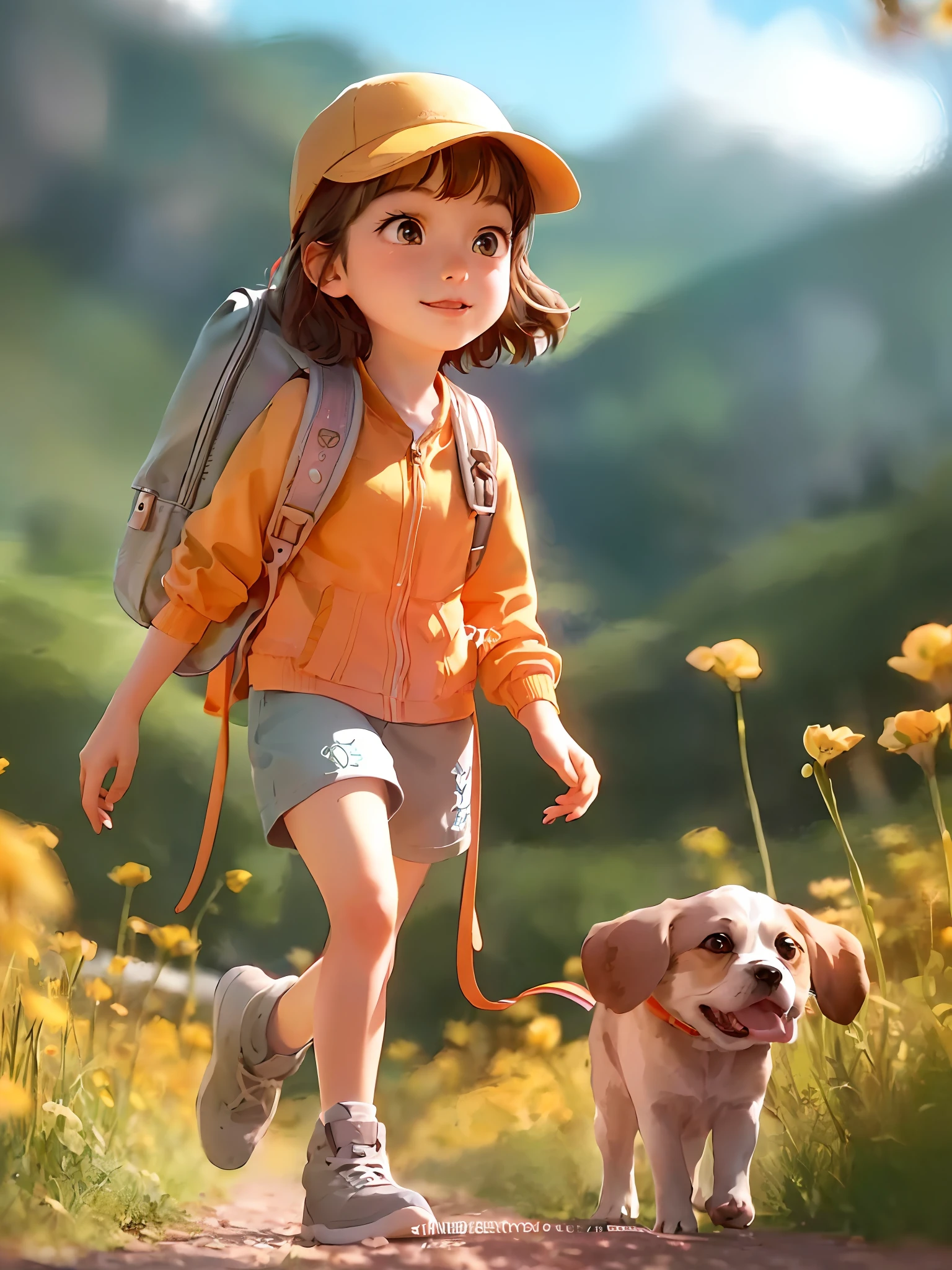Prompt: An incredibly charming little girl carrying a backpack, accompanied by her adorable puppy, enjoying a lovely spring outing surrounded by beautiful yellow flowers and natural scenery. The illustration is in high definition at 4k resolution, with highly-detailed facial features and cartoon-style visuals.