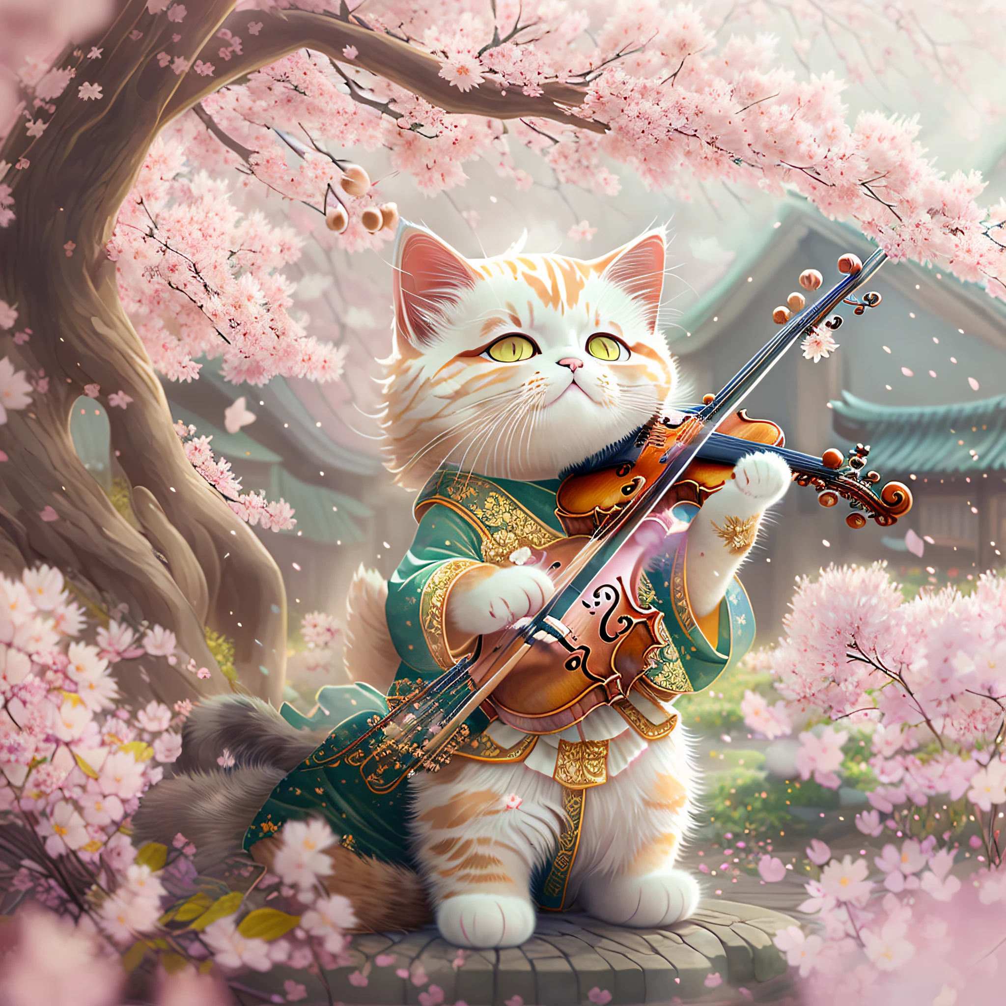 A soft and fluffy kawaii furry cat,Wearing a Tang costume ,Play the violin amid the cherry blossoms and scattered mist