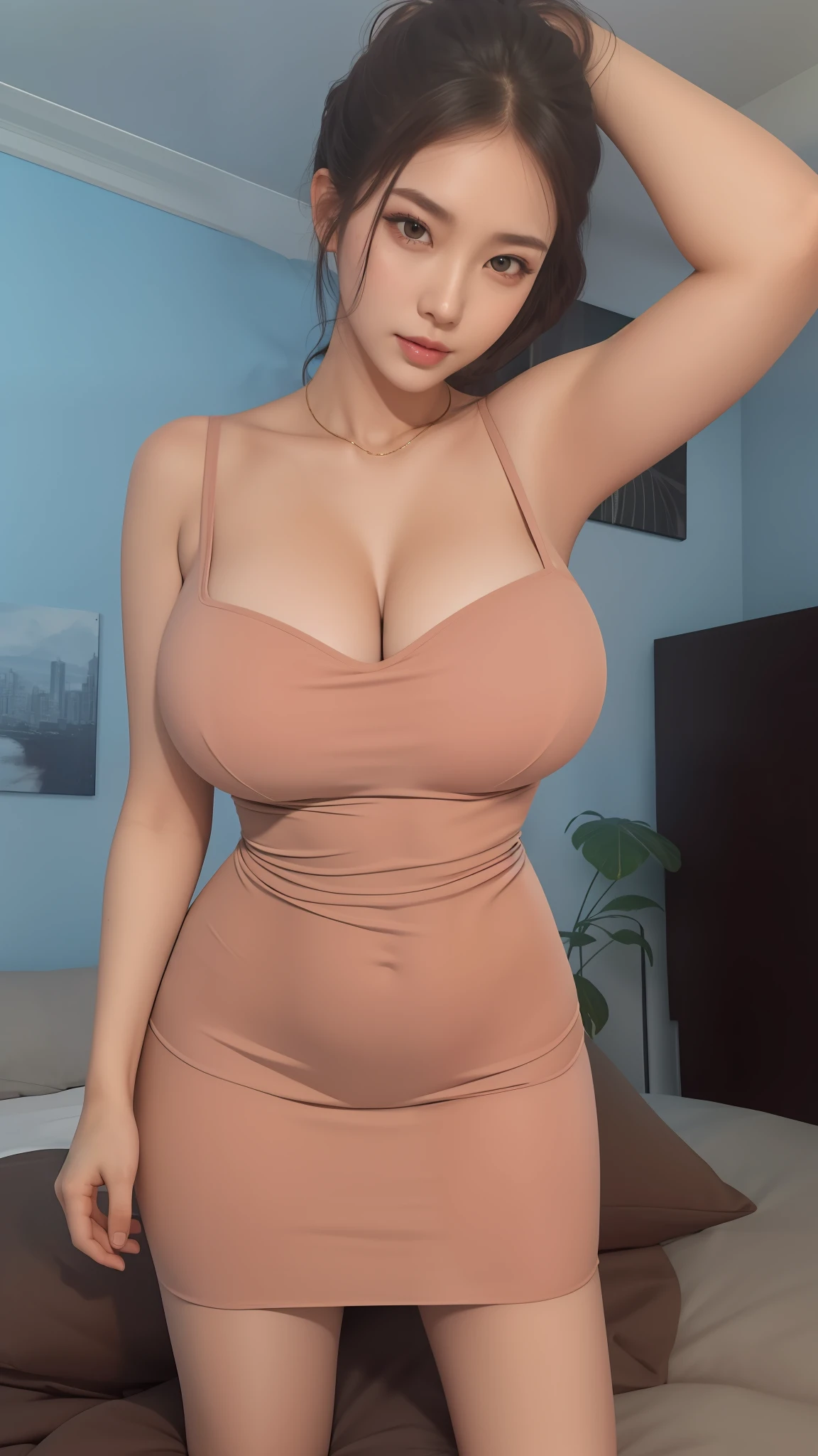 An Idol k-pop girl, (cute face, lewd face), braid hair, intricate face details, detailed face, golden ratio face, ((huge breasts:1)), ((large breasts:1)), (gaint breasts:1)), ((big breasts:1)), ((slim waist, big butt, big hip, big thighs)), ((intricate hands, detailled hands)), ((intricate feets, detailled feets)), (she is sexually aroused), (full body), 64K, UHD, HDR, global illumination, (high quality, high detailed, hyper detailed, extremely detailed), photo realistic, ultra realistic, art photo, (clarify the details, detailed parts body), intricate artwork masterpiece, trending on artstation, (soft smile), look at viewer, (polished skin:2,5), tight clothes, dress, bedroom, bed, door, curtains, pillow