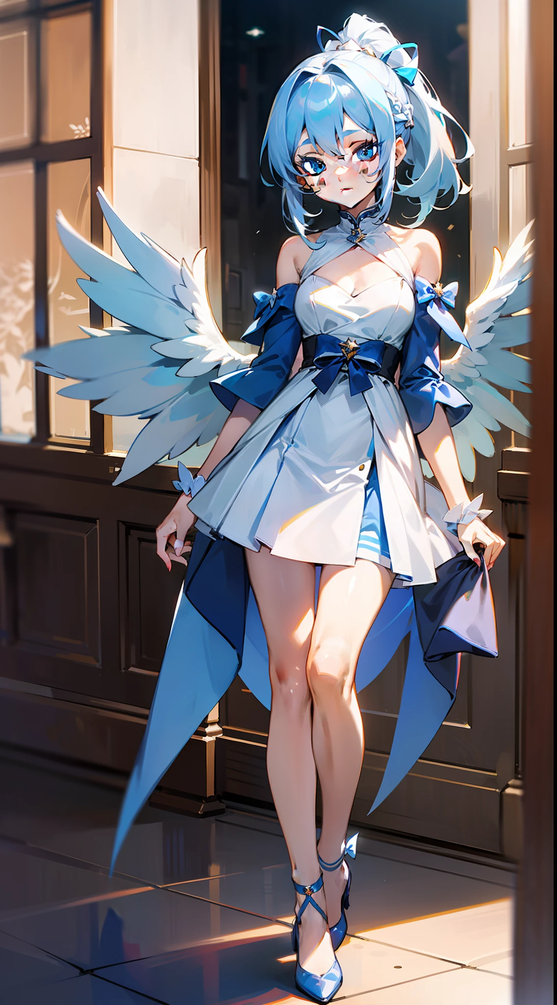 (tmasterpiece,best qualtiy),Campus background,,lightblue hair,She wears a long ponytail,an orchid flower,Light blue 10cm heels,Light blue bow,White top,cropped shoulders,Short light blue skirt,light blue hair,Light eyes,white clothes,thin very long legs,Angel white wings,Cute and sweet,Rejoice,full bodyesbian,