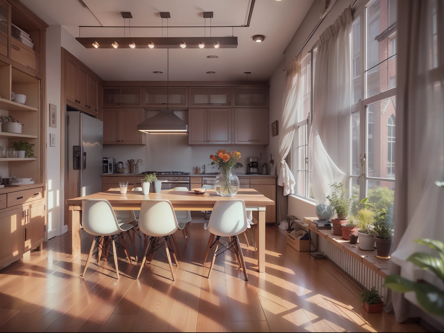 High-detail RAW color photography, Modern loft-style dining room, (higly detailed, hyper-detailing, Entanglement), (lens glare: 0,7), (bloom: 0,7), particle fx, ray traced, 电影灯光, Shallow depth of field, photographed with Sony a9 II, 50mm wide angle lens, sharp-focus