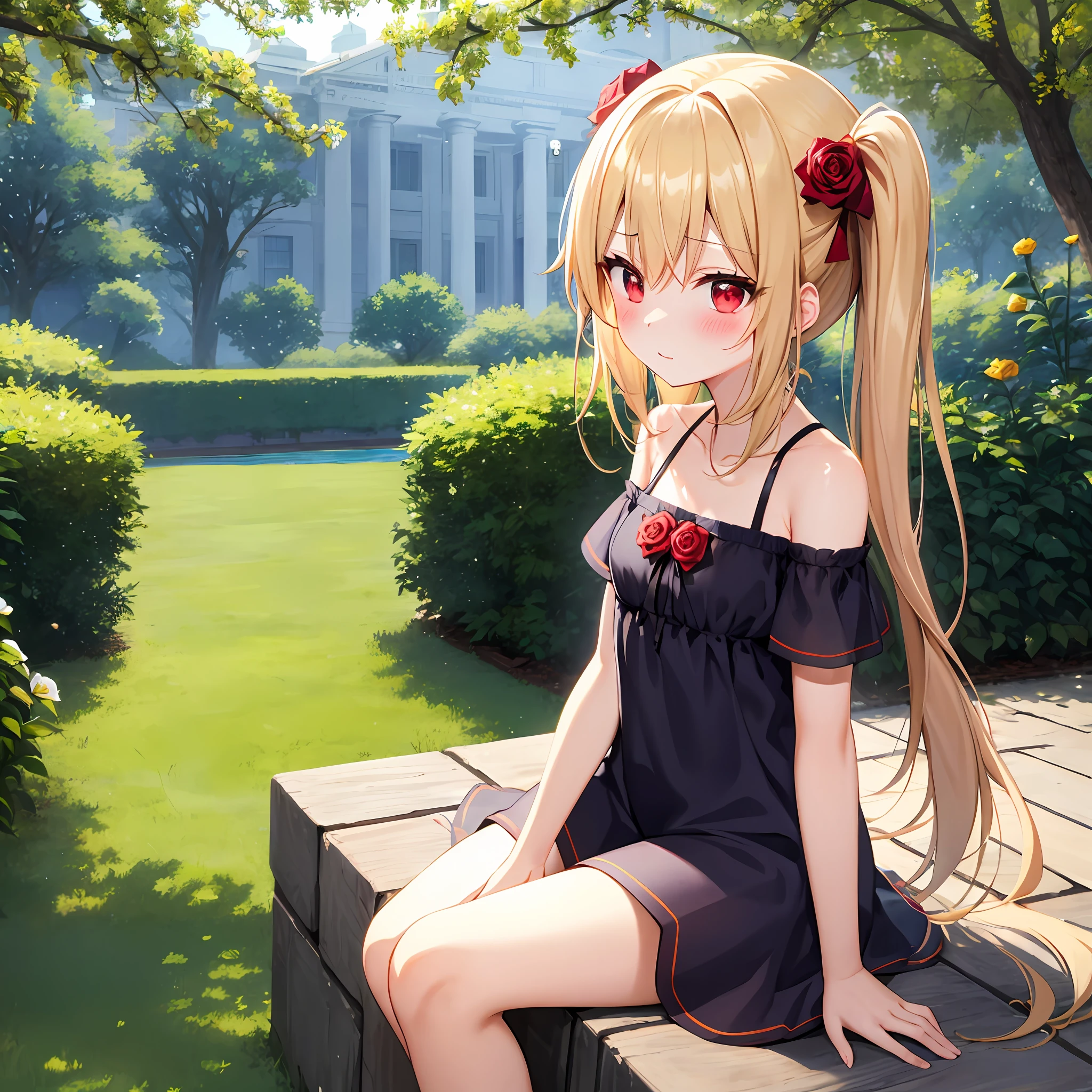 red blush、a blond、red eyes、Beautiful girl alone、animesque、独奏、doress、Rose Garden、lonely、sitting on、