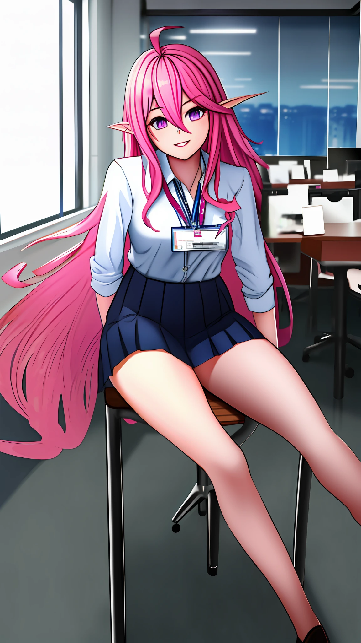 Masterpiece, highres, best quality, Keera, 1girl, pink hair, hair spread out, hair between eyes, very long hair, parted lips, pointy ear, purple eyes, ahoge, smile, looking at viewer, white shirt, office uniform, pleated skirt, stocking, smile, sexy pose, hands behind back, sitting, office, table, computer, window, indoor, id card,