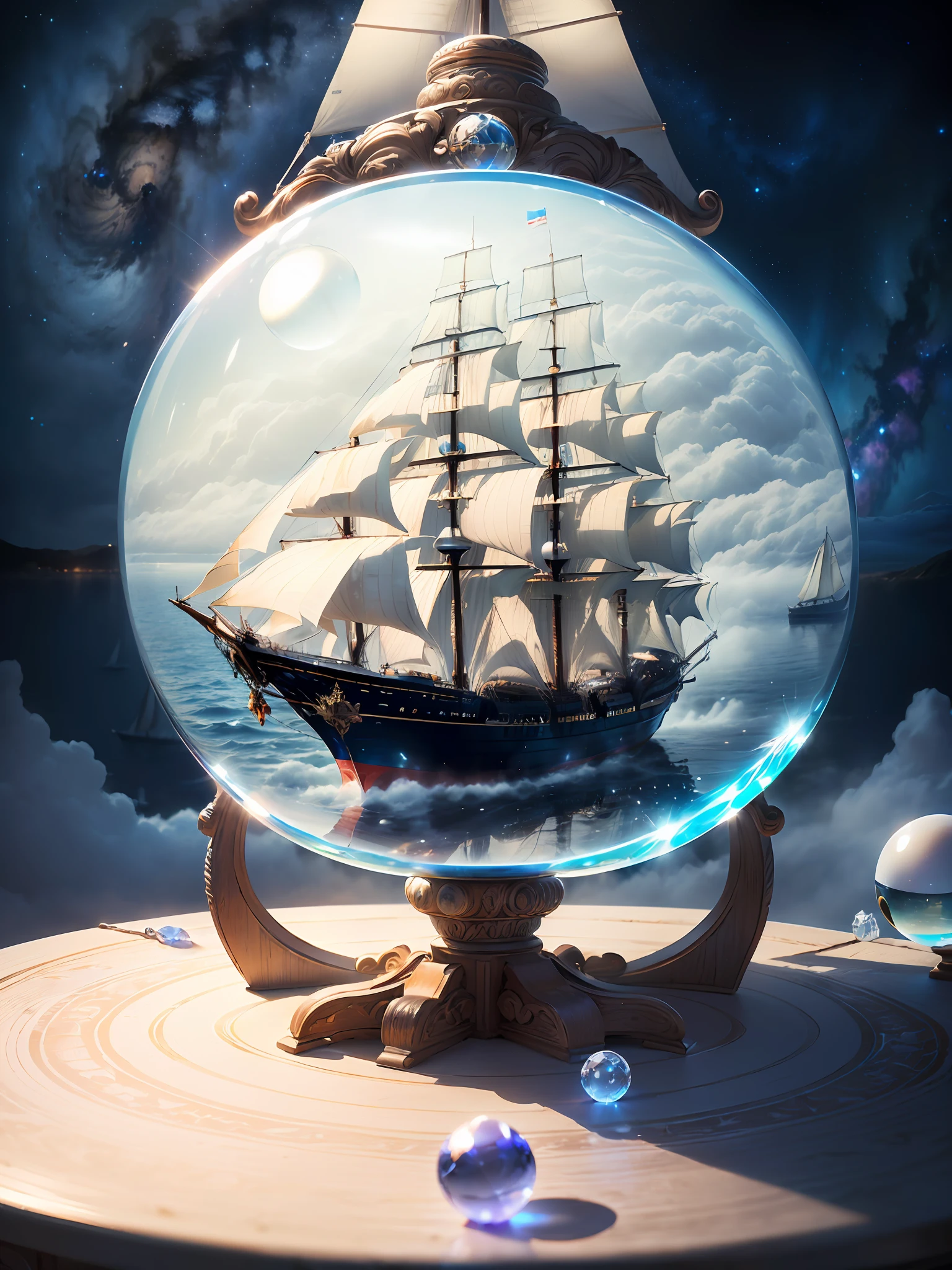 Hyper-realistic、16K High Resolution、(Maximum Sharp Focus:1.3)、(Maximum Close-up:1.5)、(Single crystal ball with pedestal on table:1.4)、(Large bokeh background、blue back light:1.3) 、(Sail ship、Blue Sea、milky way、White fog:1.5)