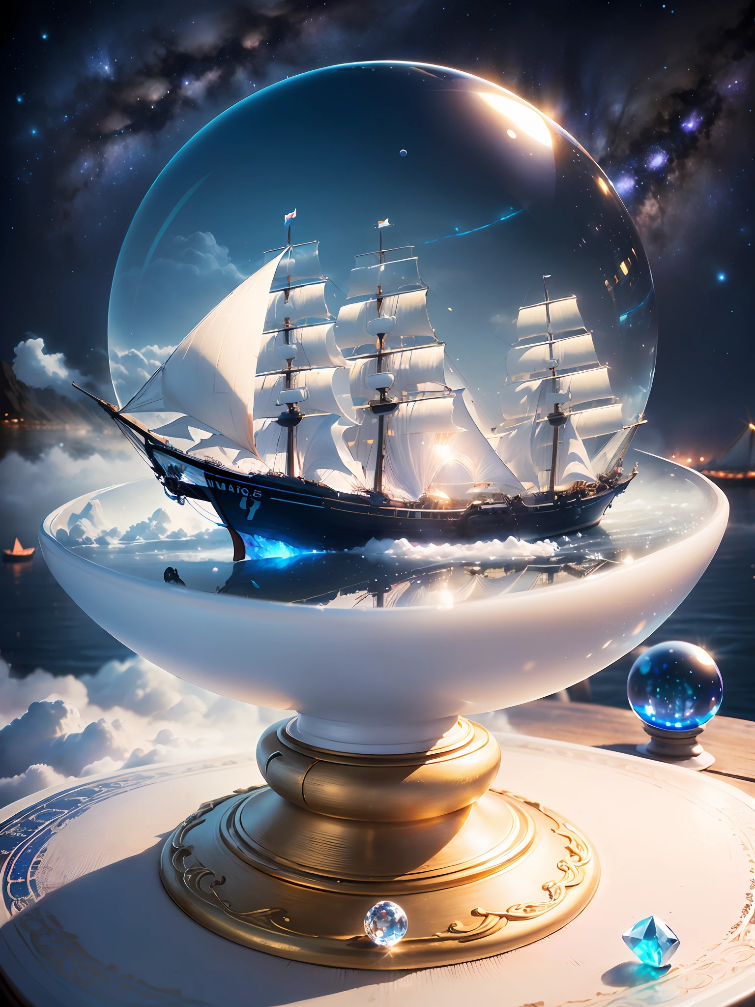 Hyper-realistic、16K High Resolution、(Maximum Sharp Focus:1.3)、(Maximum Close-up:1.5)、(Single crystal ball with pedestal on table:1.4)、(Large bokeh background、blue back light:1.3) 、(Sail ship、Blue Sea、milky way、White fog:1.5)