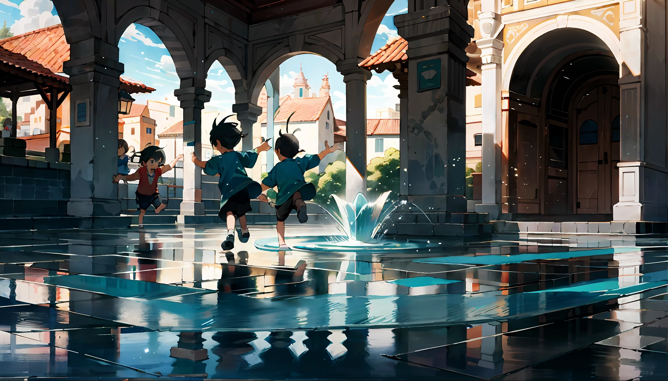 ren play,Shade,The fountain,Buildings