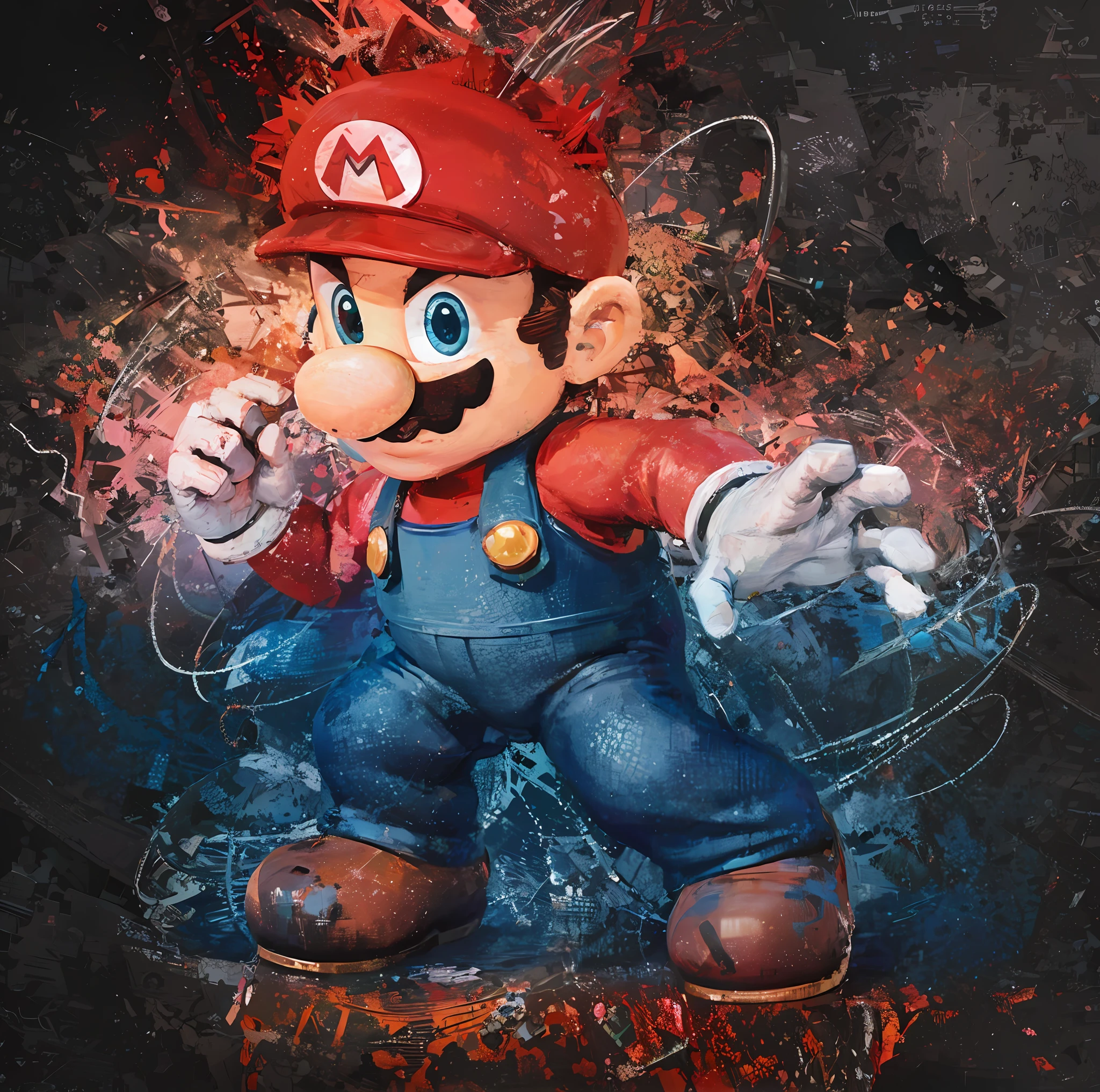 There is a painting of a Mario Bros cartoon character on a black background, Retrato de Super Mario, Retrato de Mario, Super Mario Retrato, inspirado em Mario Dubsky, inspirado em Mario Cooper, fan artwork of mario, Mario, inspirado em Mario Comensoli, inspirado em Mario Bardi, mario dabbing, super mario, arte do jogo nintendo, tema Mario