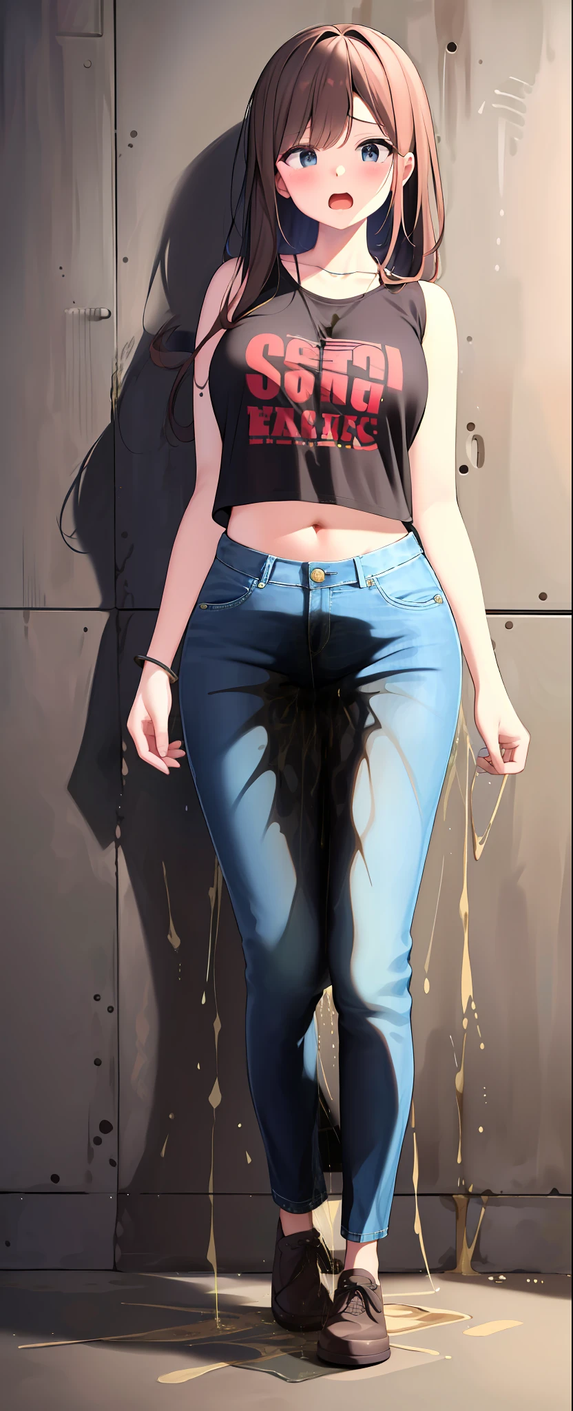 (masterpiece,best quality,high resolution), 1girl, solo, (((jeans pants))), ((full body)), crop top, naval, midriff, blush, worried, open mouth, outside, ((((((big pee stain))))))