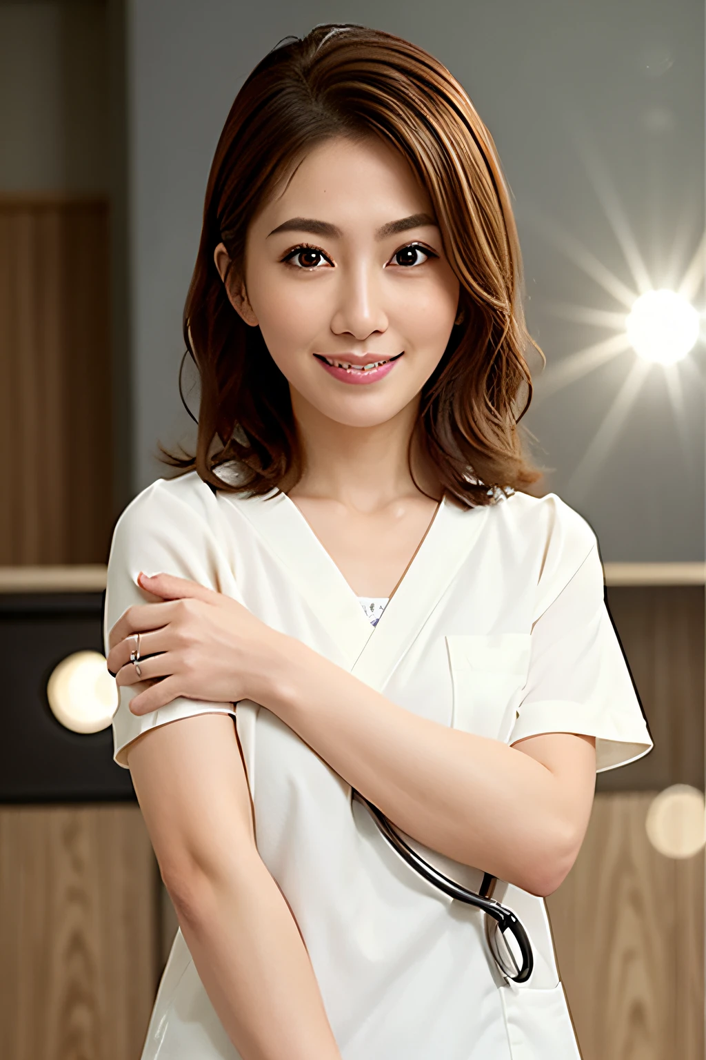shopping mall、blonde hair、short fringed hair、brown-eyed、1girl in、physician、Stethoscope on neck、a smile、innocence、100mm lens、(Photorealsitic)、looking at the viewers、as doctor、(intricate-detail:1.2)、(masterpiece、:1.3)、(top-quality:1.4)、(超A high resolution:1.2)、超A high resolution、(A detailed eye)、(detailed facial features)、HDR、8K分辨率、(stethoscope)、Far View、reflections on floor、(lensflare:1.4)、japanes、Beautie