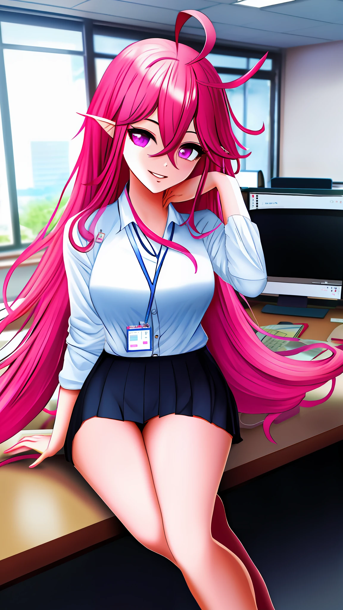 Masterpiece, highres, best quality, Keera, 1girl, pink hair, hair spread out, hair between eyes, very long hair, parted lips, pointy ear, purple eyes, ahoge, smile, looking at viewer, white shirt, office uniform, pleated skirt, stocking, smile, sexy pose, hands behind back, sitting, office, table, computer, window, indoor, id card,