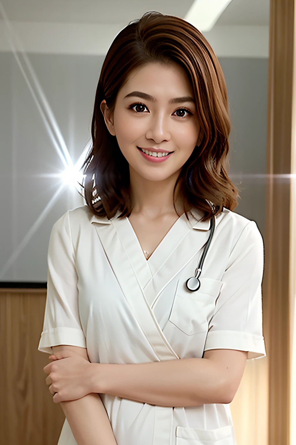 shopping mall、blonde hair、short fringed hair、brown-eyed、1girl in、physician、Stethoscope on neck、a smile、innocence、100mm lens、(Photorealsitic)、looking at the viewers、as doctor、(intricate-detail:1.2)、(masterpiece、:1.3)、(top-quality:1.4)、(超A high resolution:1.2)、超A high resolution、(A detailed eye)、(detailed facial features)、HDR、8K分辨率、(stethoscope)、Far View、reflections on floor、(lensflare:1.4)、japanes、Beautie
