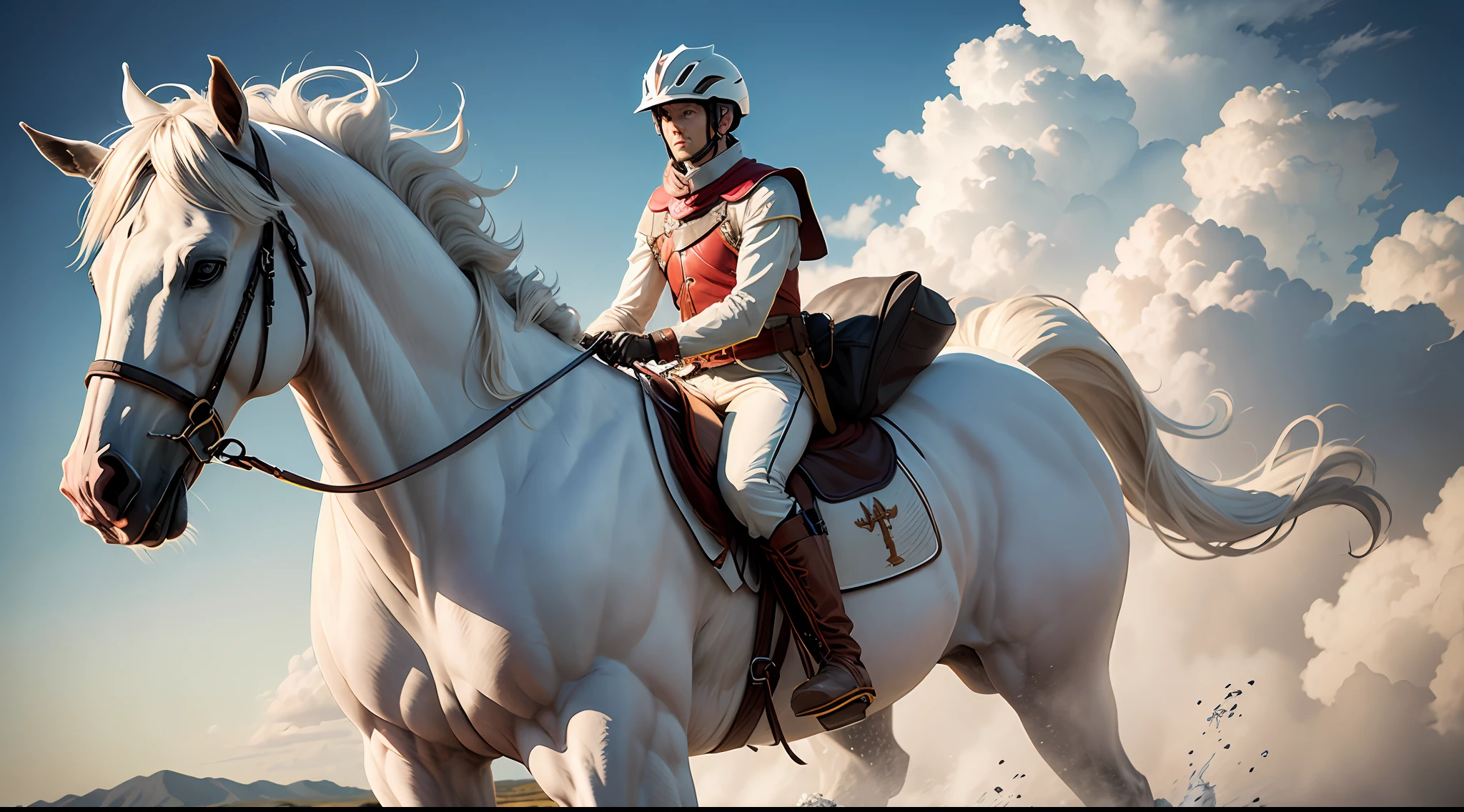 Make a description of the rider on the white horse --auto