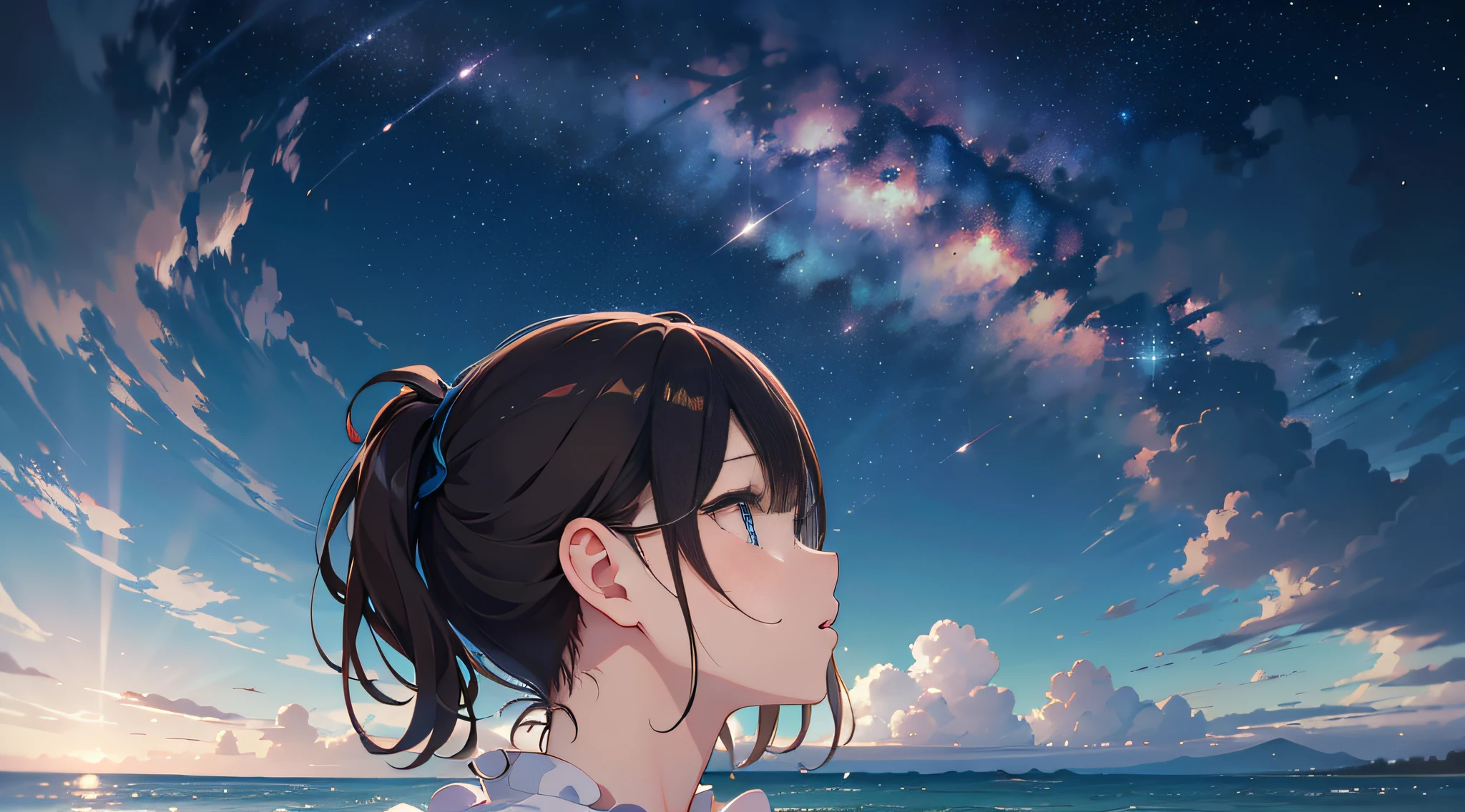 8K、Raw photography、top-quality、​masterpiece:1.2)、Illustration Touch、ultra-detailliert、超A high resolution、(wide-angle lens)、***1人、posterior view、silhuette、dark brown  hair、azure eyes、sea side、nigh sky、milkyway、Simple white dress