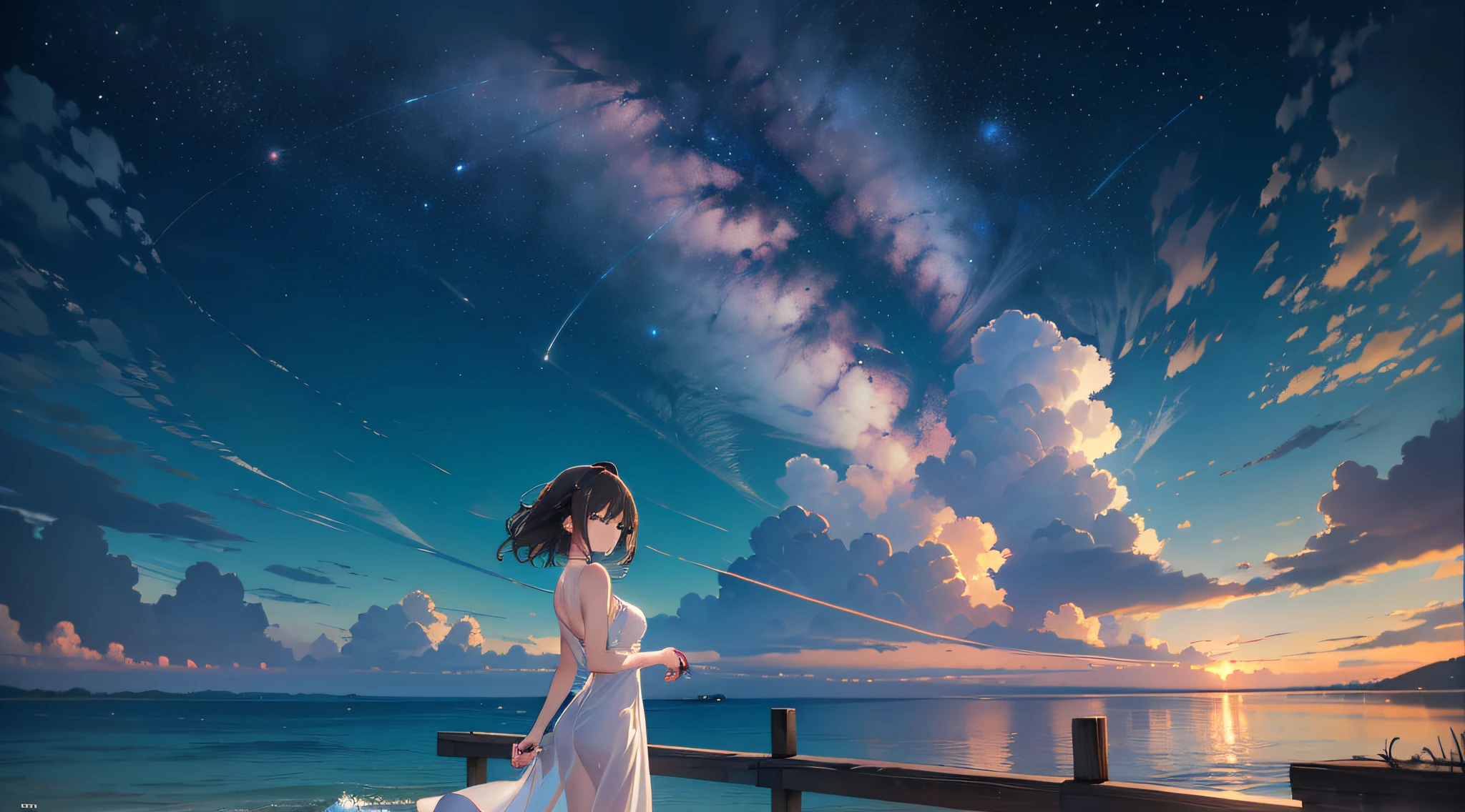 8K、Raw photography、top-quality、​masterpiece:1.2)、Illustration Touch、ultra-detailliert、超A high resolution、(wide-angle lens)、女の子1人、posterior view、silhuette、dark brown  hair、azure eyes、sea side、nigh sky、milkyway、Simple white dress