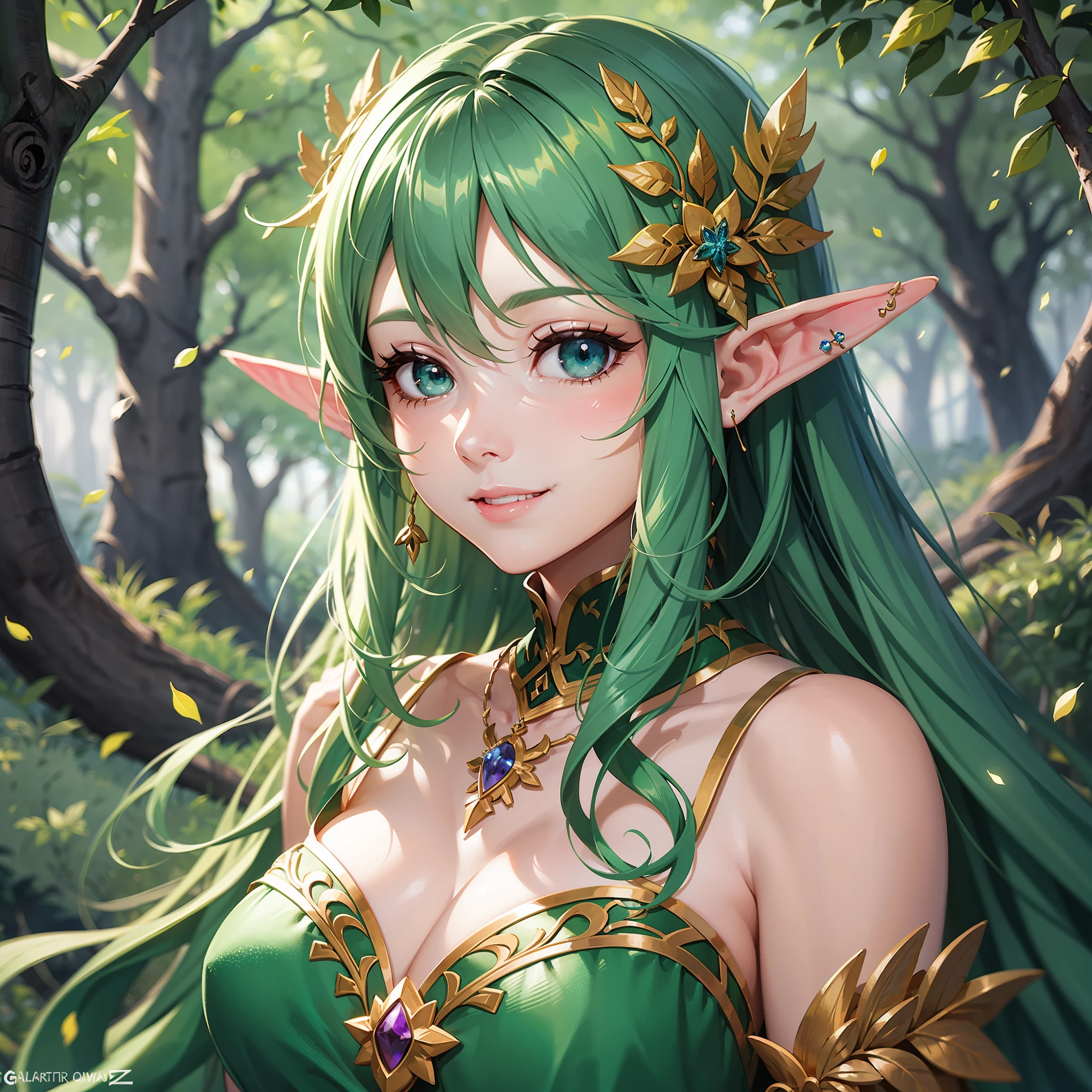 Anime - style image of a woman dressed in a green dress and fairy feathers, smiling as a queen of fairies, Elf Girl, fey queen of the summer forest, guweiz on pixiv artstation, portrait of fairy, elf queen, guweiz on artstation pixiv, a portrait of an elf, elf princess, portrait of an elf queen