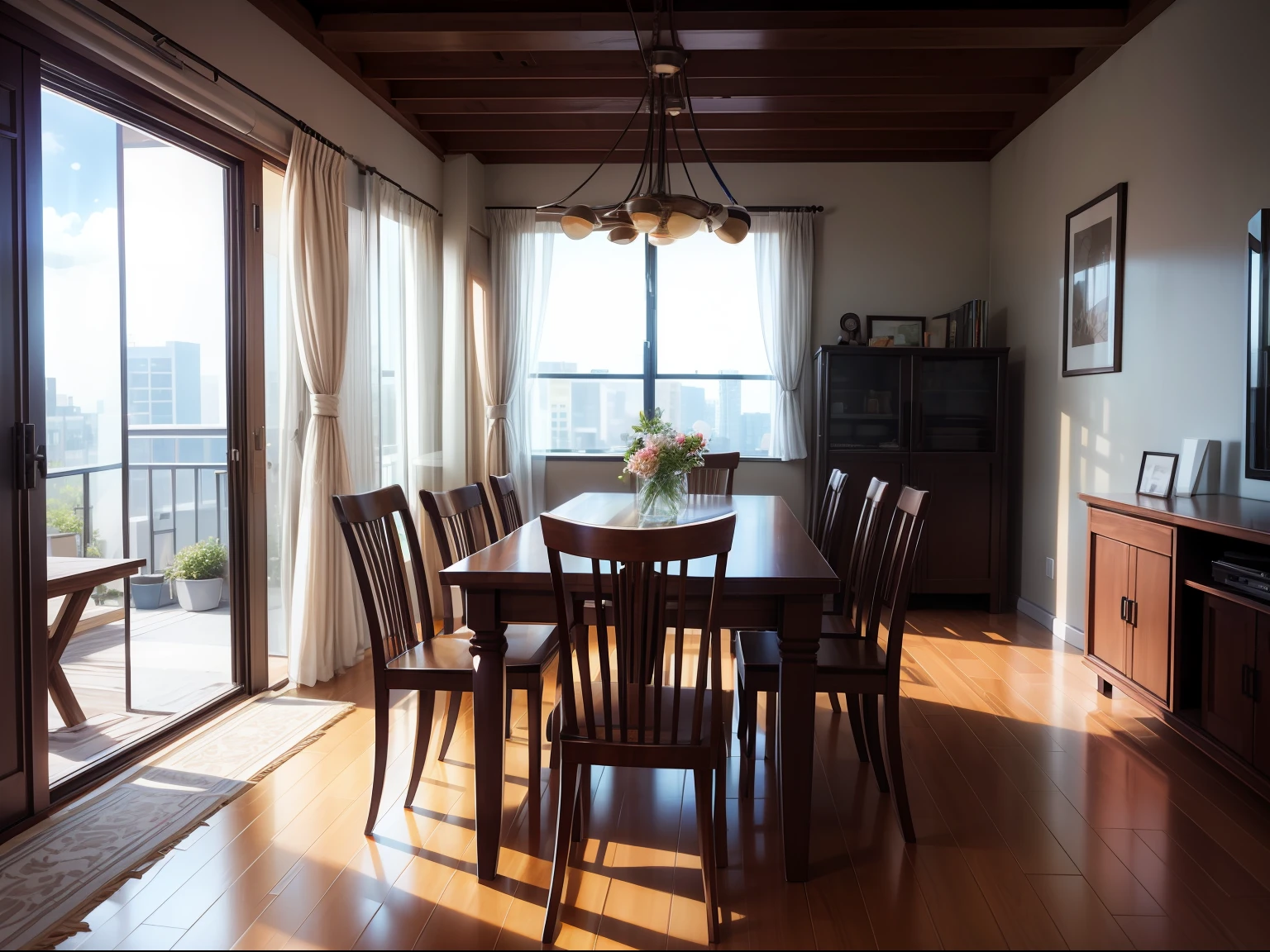 High-detail RAW color photography, Modern loft-style dining room, (higly detailed, hyper-detailing, Entanglement), (lens glare: 0,7), (bloom: 0,7), particle fx, ray traced, 电影灯光, Shallow depth of field, photographed with Sony a9 II, 50mm wide angle lens, sharp-focus