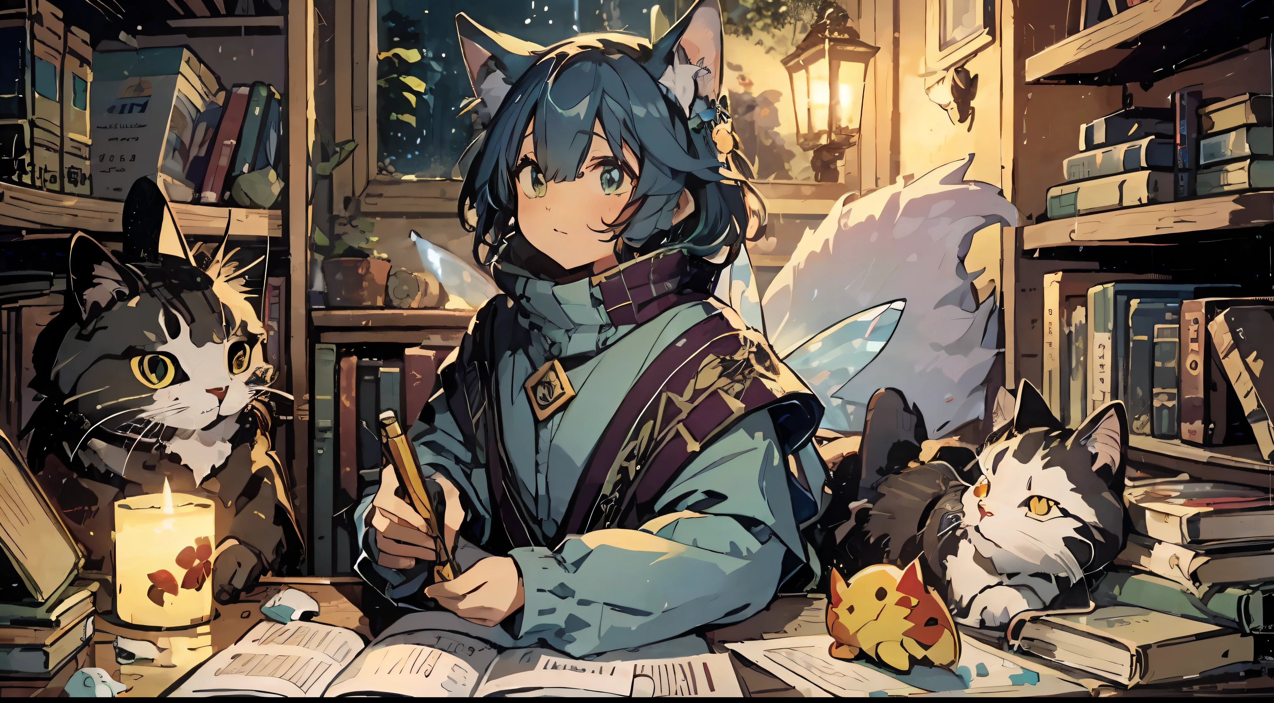 best qualtiy,hyper HD,最好质量,high detal,tmasterpiece,Authentic texture,warmly lit,Complicated details,rich details,Colorful colors,Fairy tale books,Picture books,The children,Critters,hyper realisitc,fairytale-like,nerds,Teachers,cat ear,butterflys,nighttime scene,Candle, --auto
