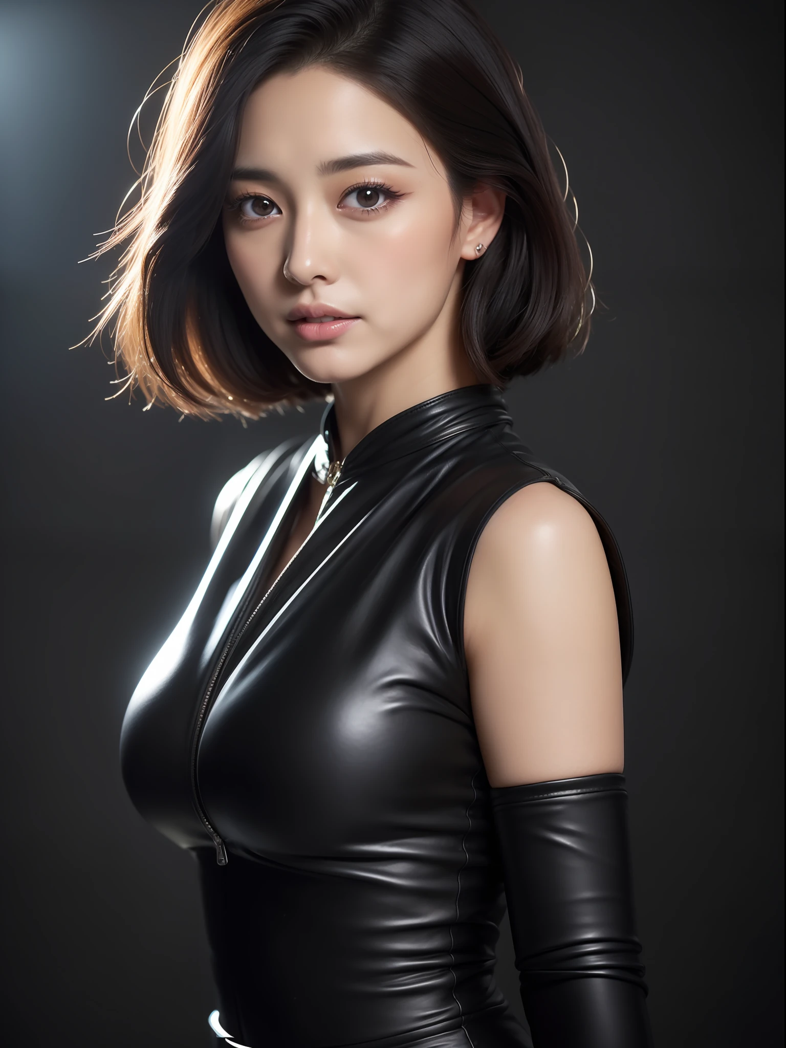 twjihyo、Close-up portrait of Jihyo showing off her crevage in a leather Dominatrix costume、buttocks focus((​masterpiece、top-quality))、dark eye-shadow makeup around her eyes、Dark mascara、thicc body、Wide waist、big butt cheeks、large natural hanging breasts、intricate detailes、hightquality、(Photorealsitic)、(Rich:1.4)、Ultra realistic 8K CG、face perfect、flawless、clean、​masterpiece、Professional artwork、 famousartwork、电影灯光、Flowers like a movie、face perfect、beautiful countenance、beautidful eyes、1girl in、TWICE、short dark hair、