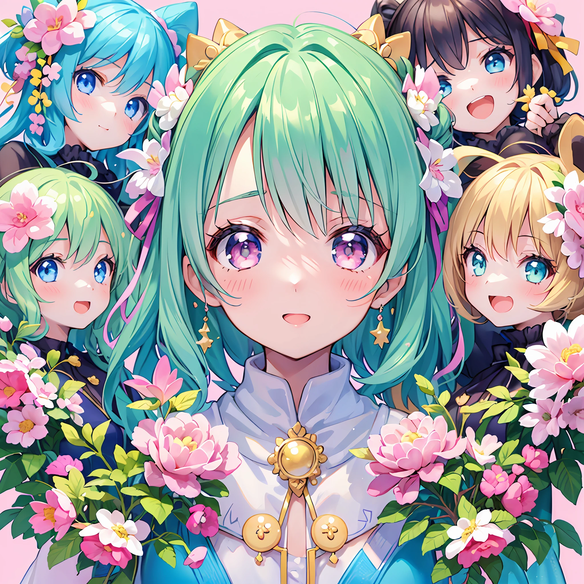 masterpiece, (2girls and 2girls and 2girls and 2girls), idol, closeup, big eyes, kawaiitech, kawaii, cute, pastel colors, best quality, happy, deep background, symmetrical, tilted head, spring