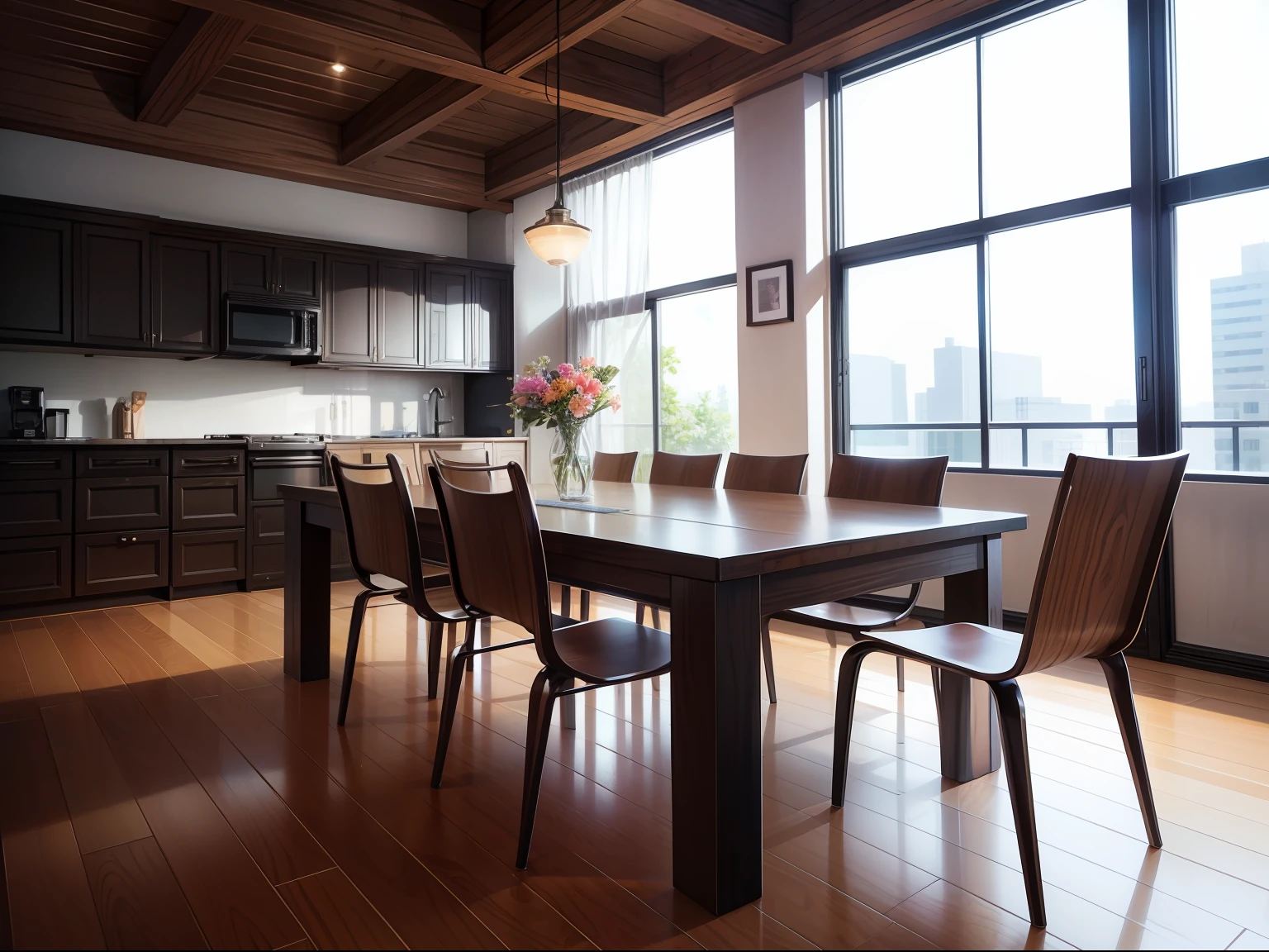 High-detail RAW color photography, Modern loft-style dining room, (higly detailed, hyper-detailing, Entanglement), (lens glare: 0,7), (bloom: 0,7), particle fx, ray traced, 电影灯光, Shallow depth of field, photographed with Sony a9 II, 50mm wide angle lens, sharp-focus