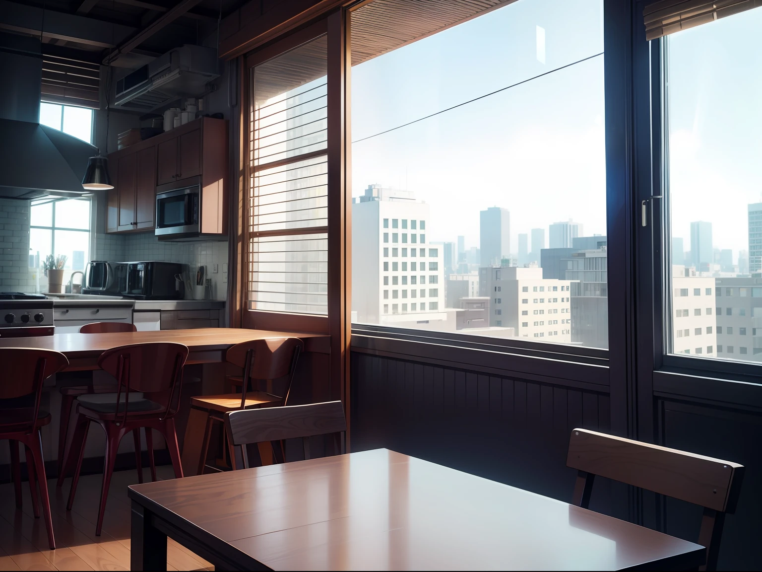 High-detail RAW color photography, Modern loft-style dining room, (higly detailed, hyper-detailing, Entanglement), (lens glare: 0,7), (bloom: 0,7), particle fx, ray traced, 电影灯光, Shallow depth of field, photographed with Sony a9 II, 50mm wide angle lens, sharp-focus