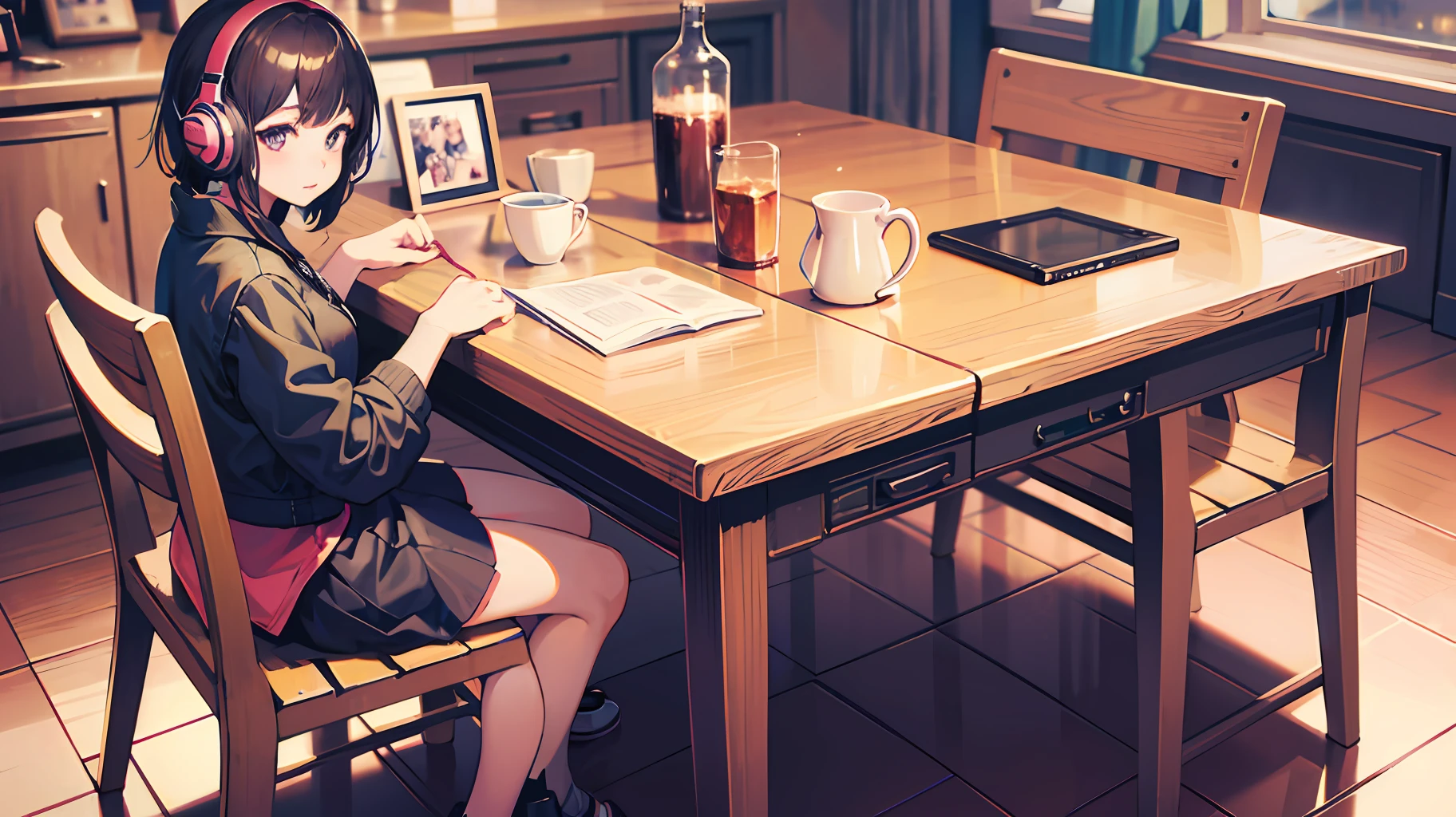Anime girl sitting at a table with a cup of coffee, headphones, 4K anime style, 8K anime art wallpaper, 4K anime art wallpaper, 4K anime art wallpaper, anime style. 8k, anime wallpaper 4k, anime wallpaper 4k, anime wallpaper 4k, mystery girl cafeteria, lofi artstyle, lofi girl, digital art cyberpunk anime --auto --s2