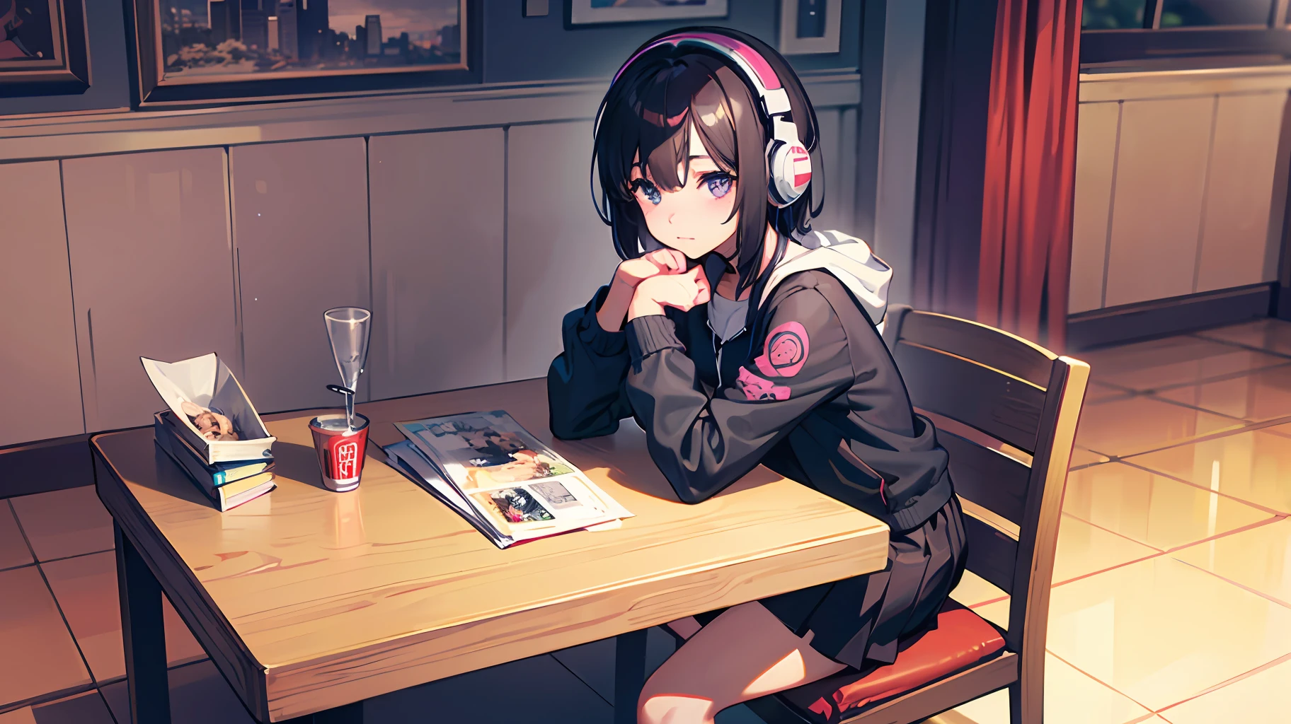 Anime girl sitting at a table with a cup of coffee, headphones, 4K anime style, 8K anime art wallpaper, 4K anime art wallpaper, 4K anime art wallpaper, anime style. 8k, anime wallpaper 4k, anime wallpaper 4k, anime wallpaper 4k, mystery girl cafeteria, lofi artstyle, lofi girl, digital art cyberpunk anime --auto --s2