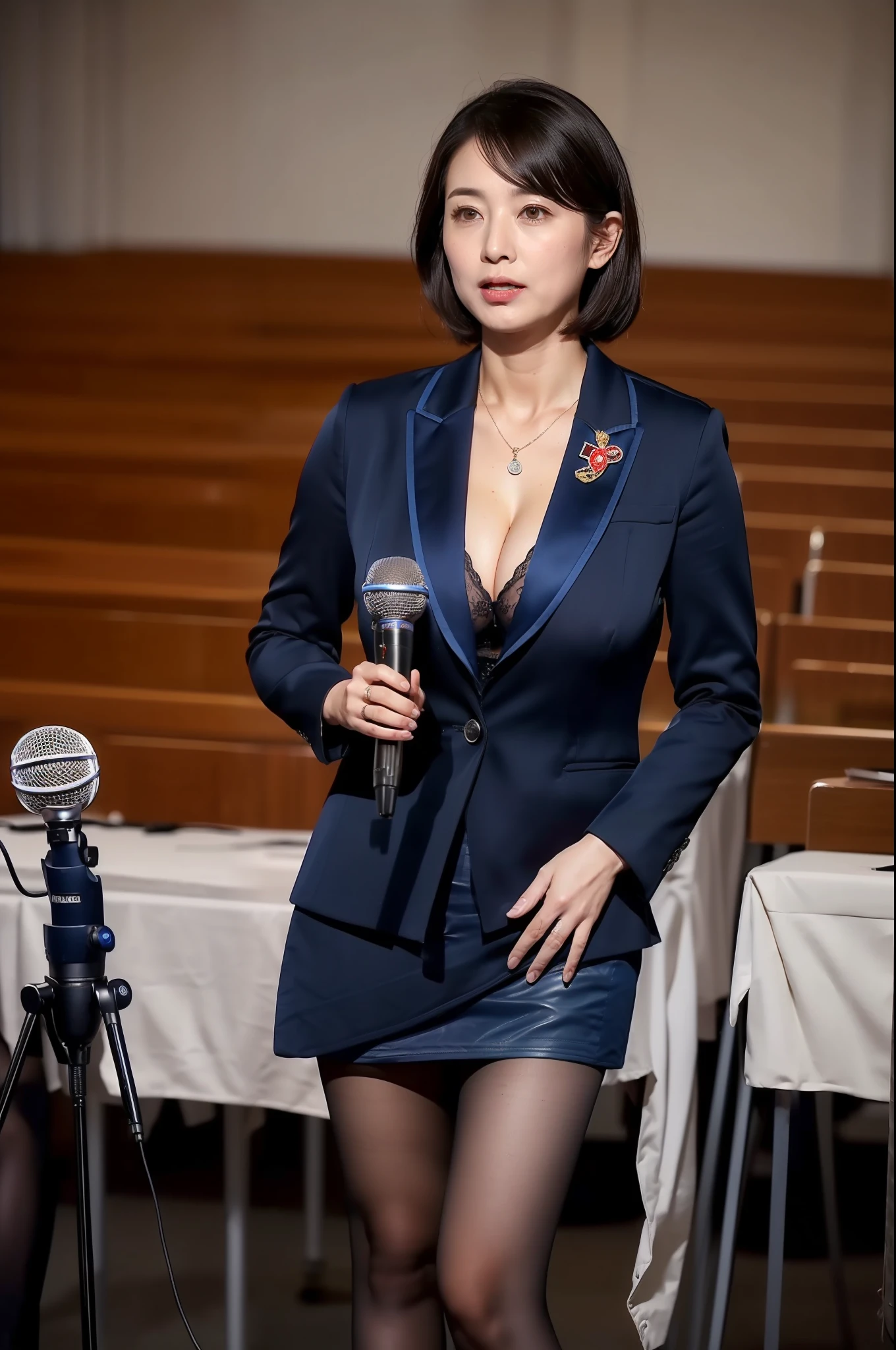 masterpiece, Super beautiful and erotic Japan prime minister, ((Full body shot, Zoom out angle from subject, Panorama view of the assembly house)), (((outfit: Dark blue, Open chest, Sexy formal jacket and dark blue mini skirt, No bra))), ((Best Quality, 32 k, High resolution)), Photorealistic, Portrait, Detailed eyes, Super Detail Face, super realistic skin, ((Super huge breasts exposed from jacket)), (((Speech for press conference using a stand microphone on the answering table, In front of many mass media reporters, In the assembly hall))), Spilled out super huge cleavage, Slim body, Model style, Realistic response table, Realistic meeting place photos,