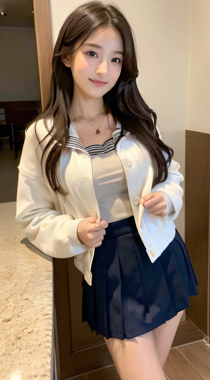 ((top-quality、8K、masterpiece:1.3))、Beautiful woman with perfect body shape:1.4、(Brown Long Hair、small tits:1.3)、Casual wear、schools、Highly detailed facial and skin texture、A detailed eye、二重まぶた、A smile:1.5、full body Esbian、student clothes、japanese sailor suits、skirt by the