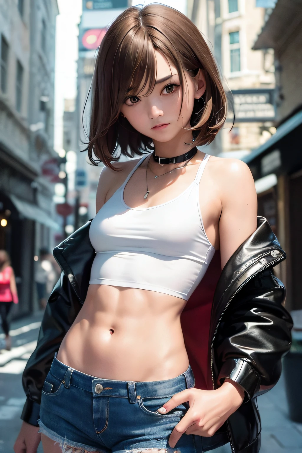 ((medium breast, tomboy girls, small head)), daylight, sunlight, (chiseled abs : 1.1), (perfect body : 1.1), (short wavy hair : 1.2) , auburn hair, collar, chain, full body shot, crowded street, wearing black tanktop, jeans jacket, ((shorts)), (extremely detailed CG 8k wallpaper), (an extremely delicate and beautiful), (masterpiece), (best quality:1.0), (ultra highres:1.0),  beautiful lighting ,perfect lightning, realistic shadows, [highres], detailed skin, ultra-detailed