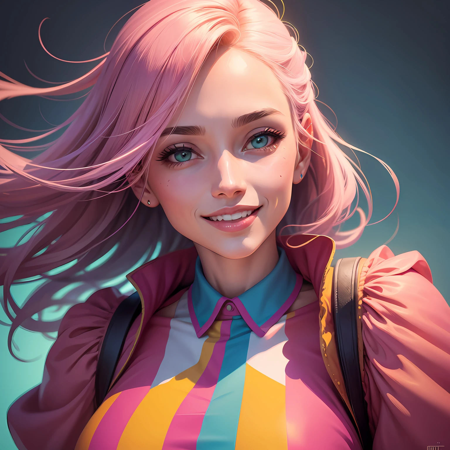 Portrait of a woman in clothes on a light background. digitalpainting, higly detailed, Bright, but harmonious colors. Different postures and joy on the face. digital art cartoon, full color illustration --auto