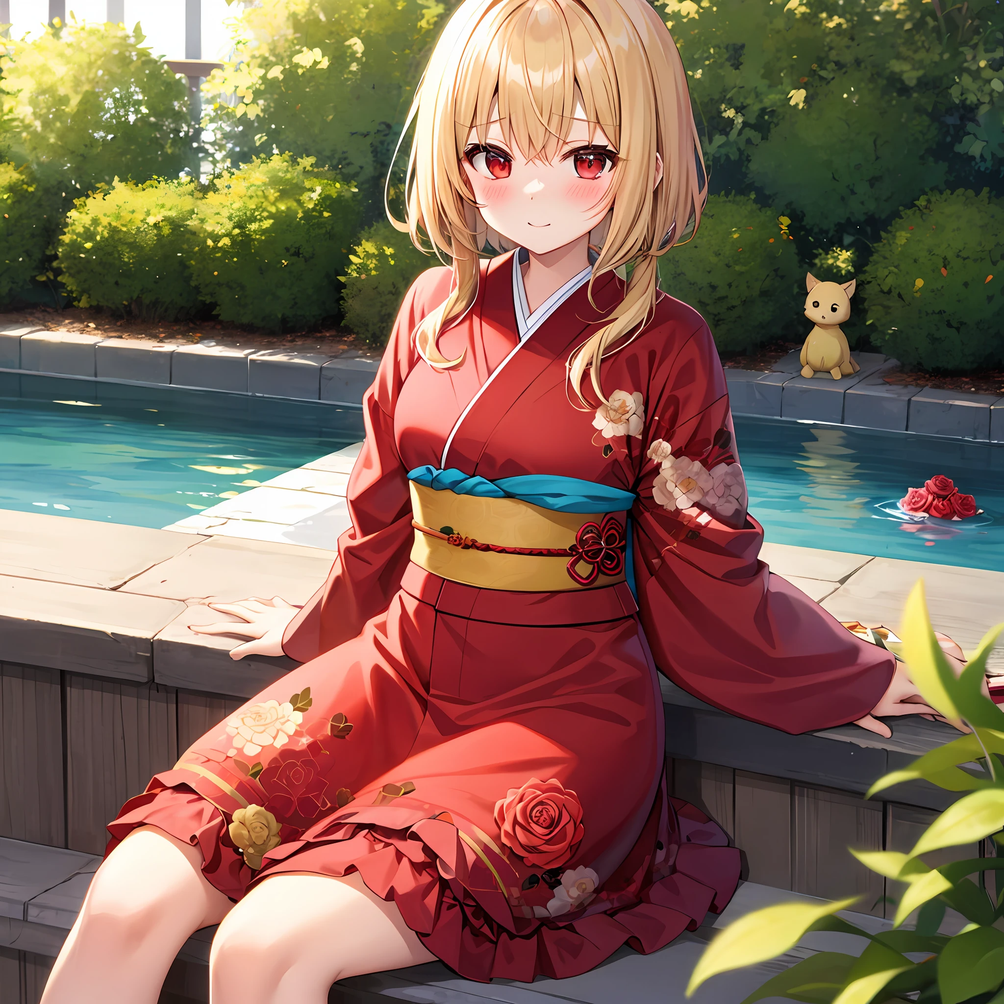 red blush、a blond、red eyes、Beautiful girl alone、animesque、独奏、kimono、rose garden、lonely、sitting on、