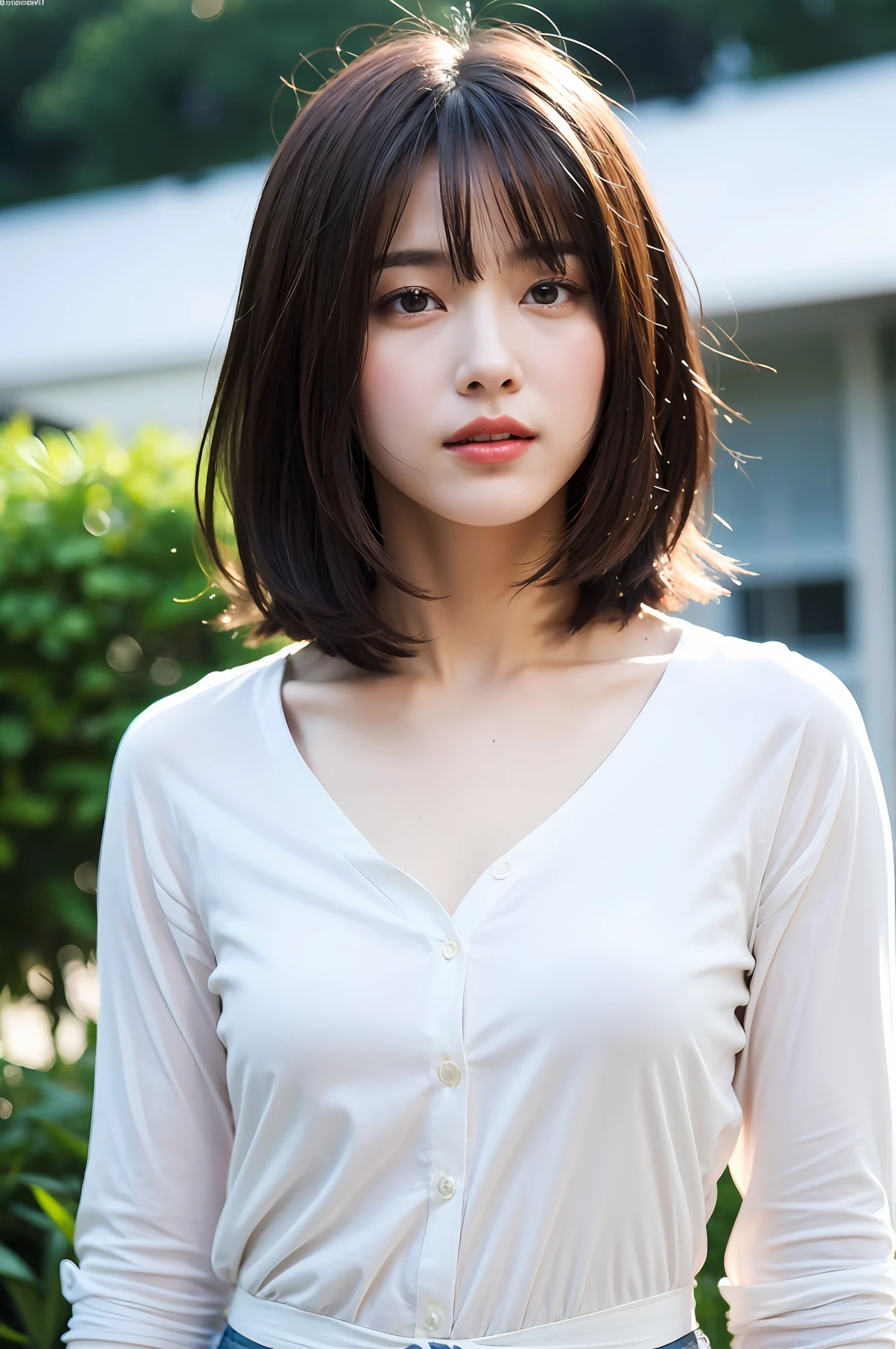 ((8K:1.27)、top-quality、masterpiece、超A high resolution:1.2)Photo beautiful Chinese woman(pleasing:1.1) (White shirt:1.21) Design by Gregg Lutkowski and Alphonse Mucha Intricate Elegance、Fantasia、detail、Geometry、Gradient lighting、1girl in、Delicate skin、looking at the viewers、brown-eyed、(short hair with bangs:1.2)、(Medium chest:1.0)、(medium areola:0.8)、(realisitic:1.4)、(top-quality:1.0)、(超A high resolution:1.0)、8K、Raw photography、(masterpiece:0.2)、(pureerosface_v1:0.5)、 car park、Be proud、Full body shot、