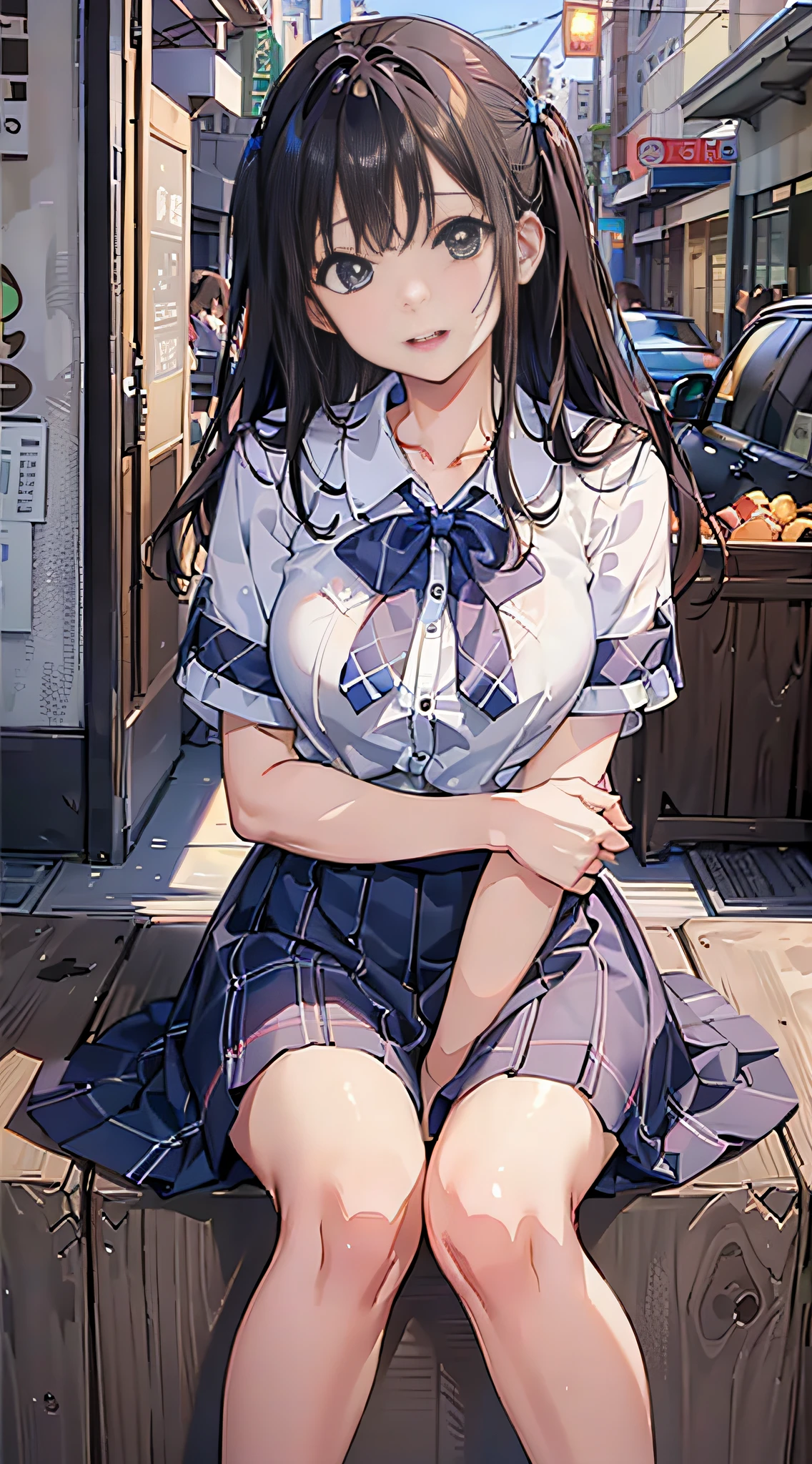 (8K、Raw photography、top-quality、masterpiece:1.2)、Illustration Touch、ultra-detailliert、超A high resolution、1人、dark brown hair、azure eyes、In the street、High school students、校服、plaid skirts、sit on stairs、low angles、White panty