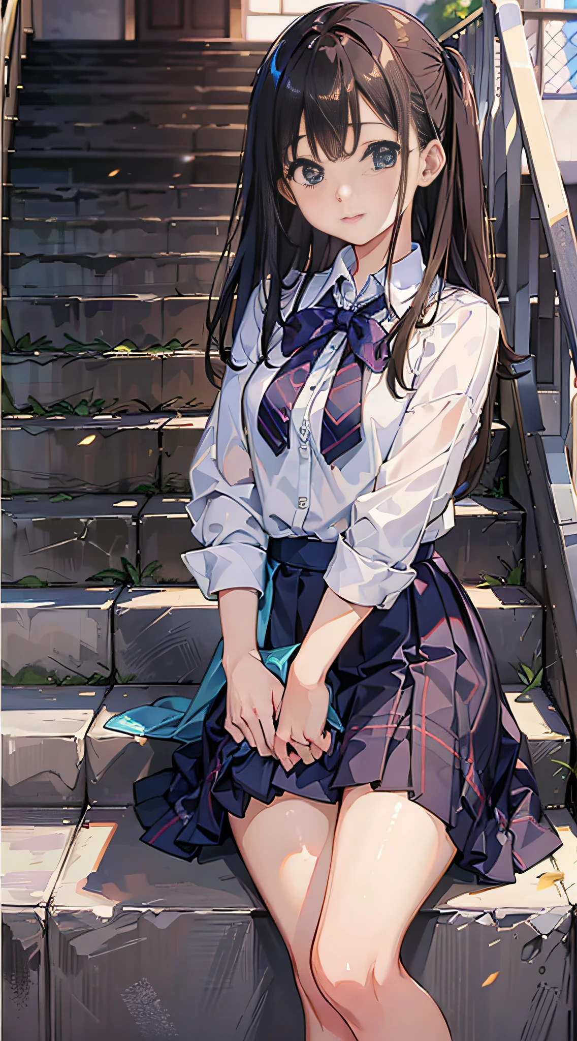 (8K、Raw photography、top-quality、​masterpiece:1.2)、Illustration Touch、ultra-detailliert、超A high resolution、***1人、dark brown  hair、azure eyes、In the street、High school students、校服、plaid skirts、sit on stairs、low angles、White panty