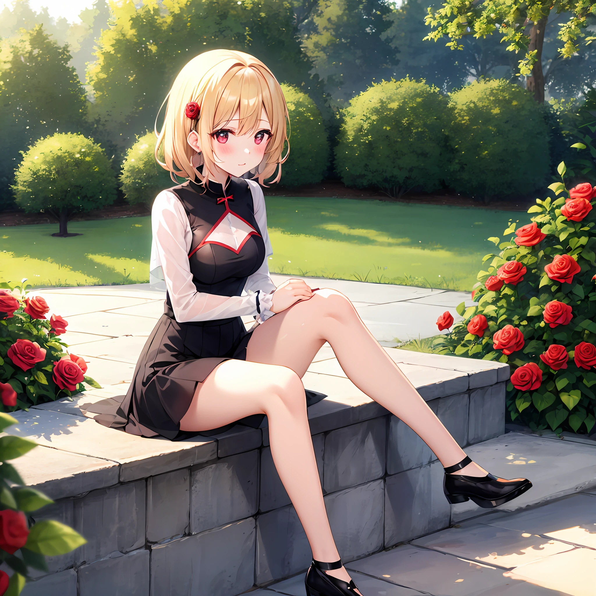 red blush、a blond、red eyes、Beautiful girl alone、animesque、独奏、doress、rose garden、lonely、sitting on、