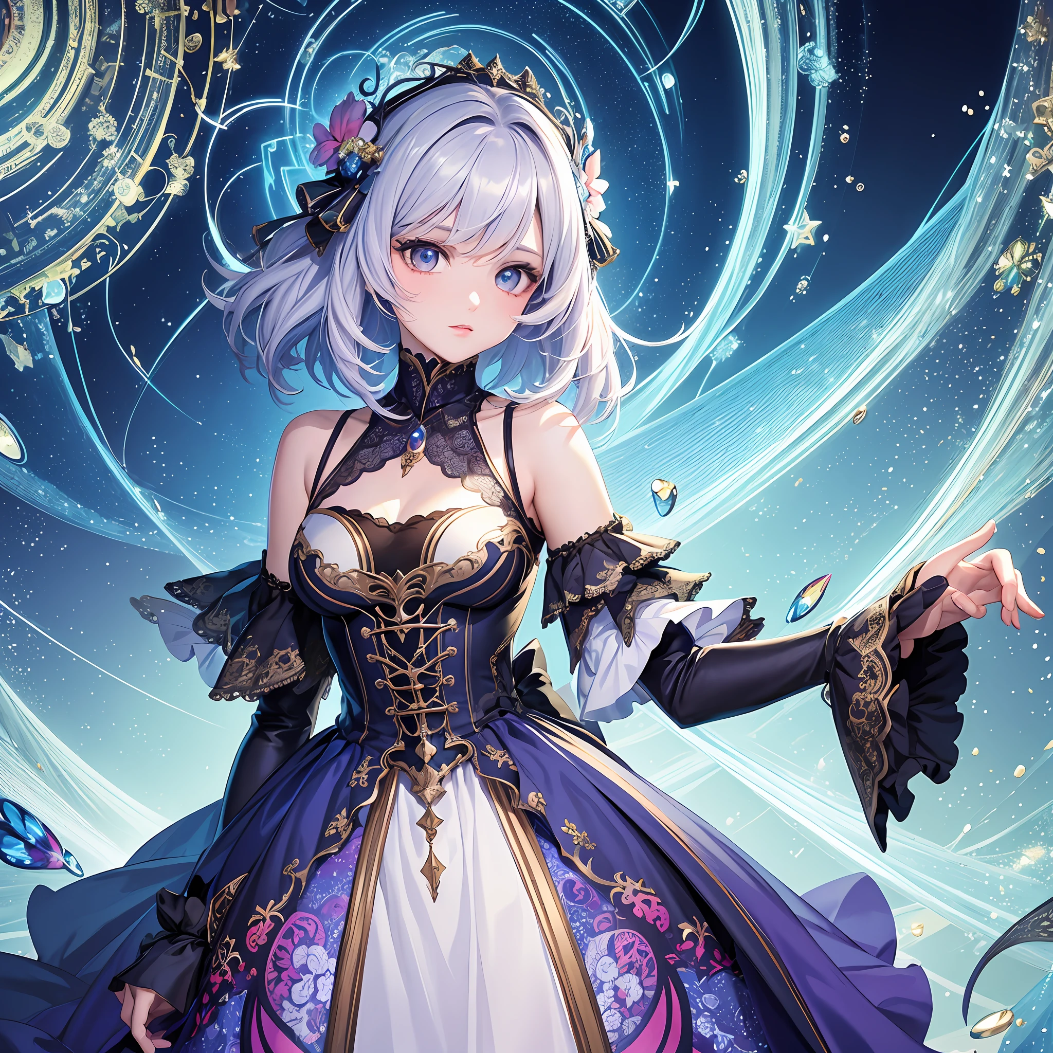 (tmasterpiece,top Quority,best qualtiy,offcial art,Beauty and aesthetics:1.2),(1girl),Extremely detailed,(s fractal art:1.3),extremely colorful,The most detailed colorful dress