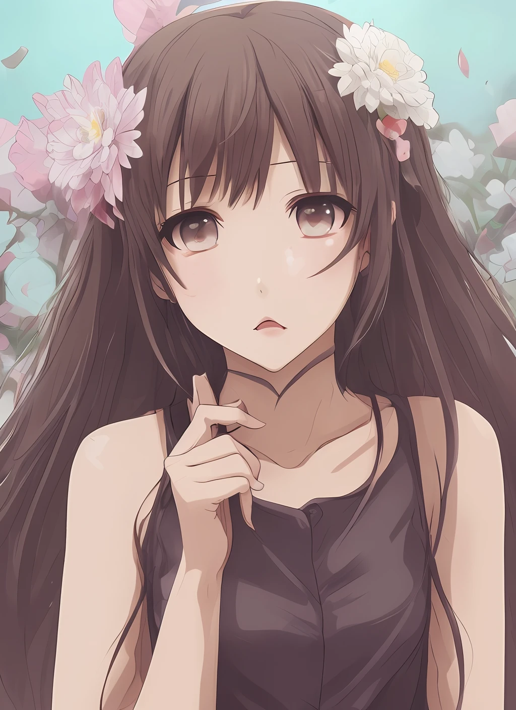1girl, anime cute, flowers yellow, crying, pictures, rain,